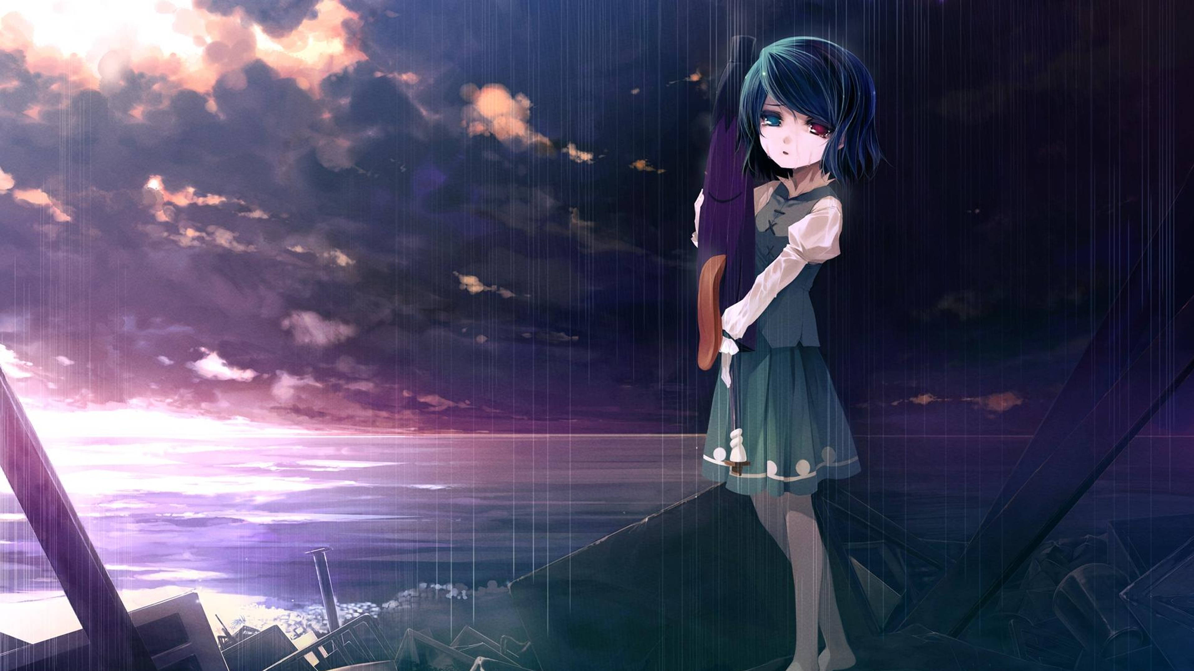 Chica de Anime Triste 4K Llorando con Ojo Rojo Fondos de pantalla