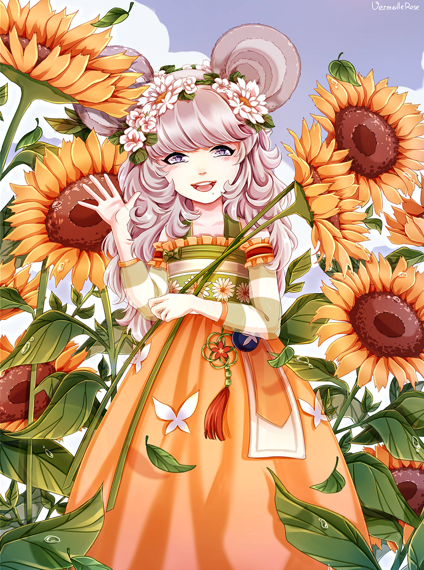 Fondo de pantalla de chica de arte anime de pie en un campo de girasoles