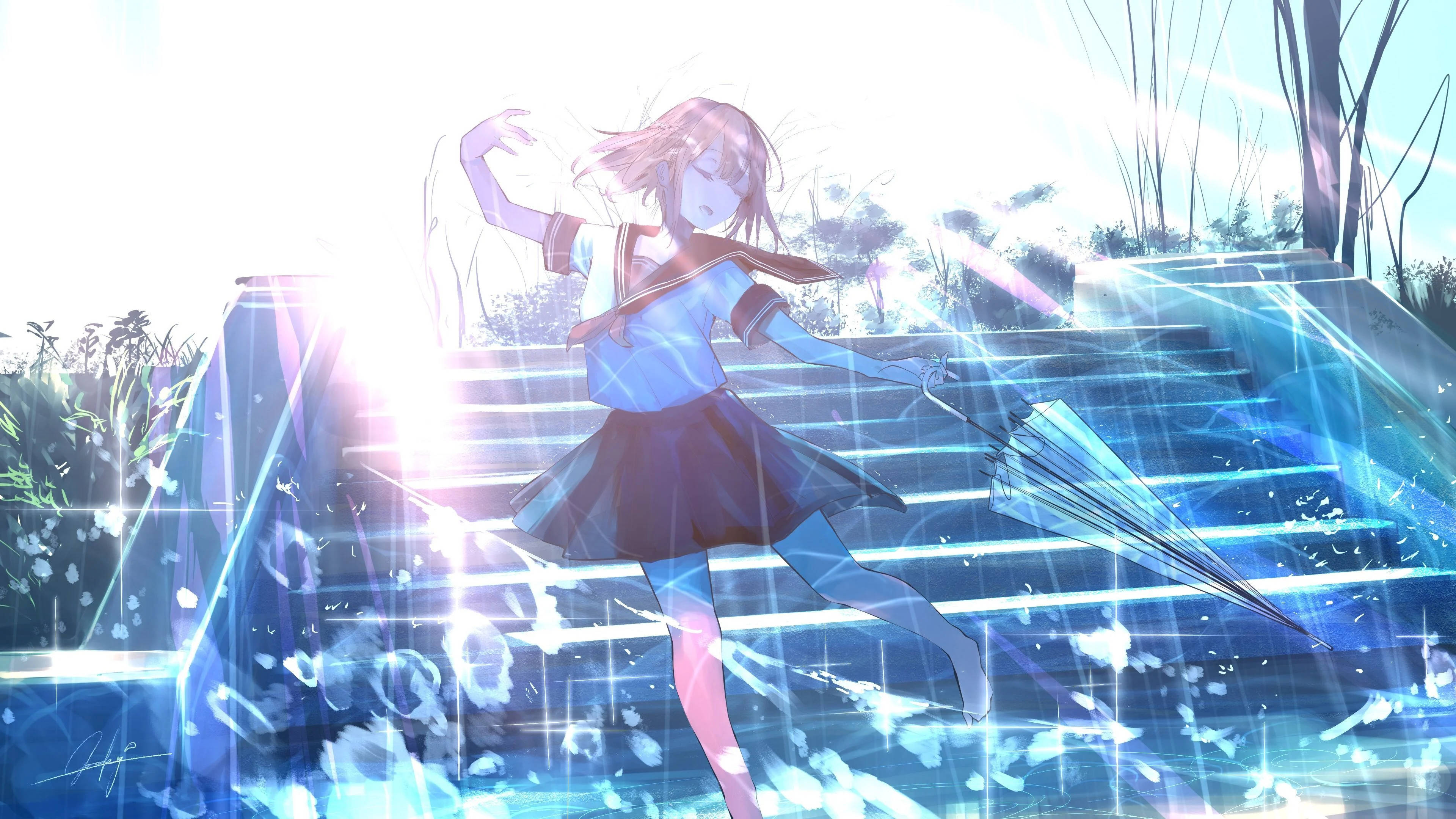 Chica de escuela anime bailando bajo la lluvia Fondos de pantalla