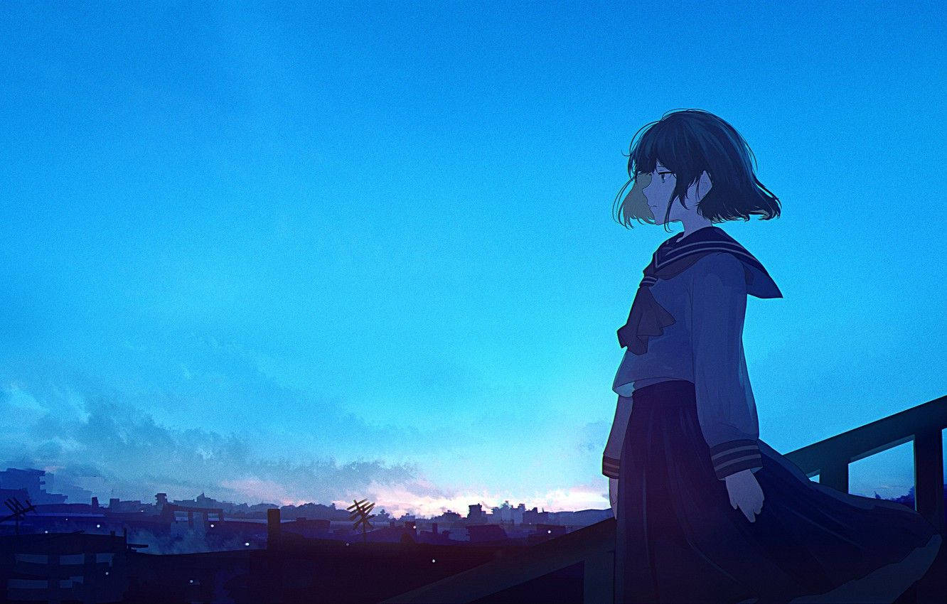 Chica de preparatoria triste anime azul Fondos de pantalla