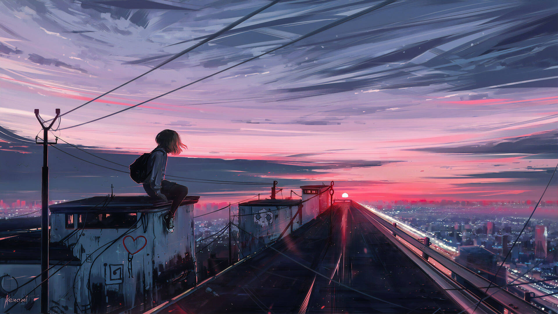 Chica en el Techo Atardecer Estético Anime