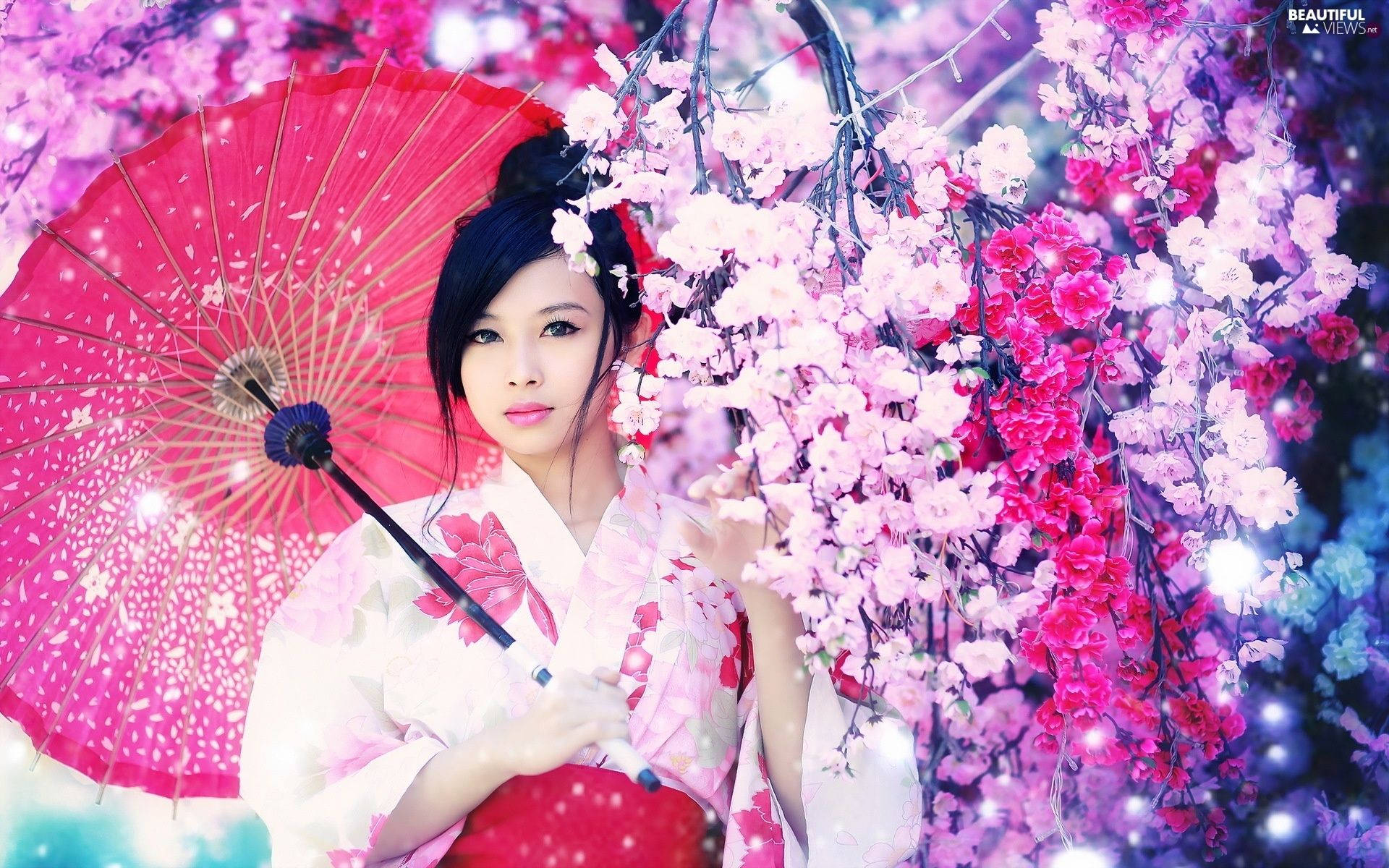 Chica japonesa estética floral rosa Fondos de pantalla