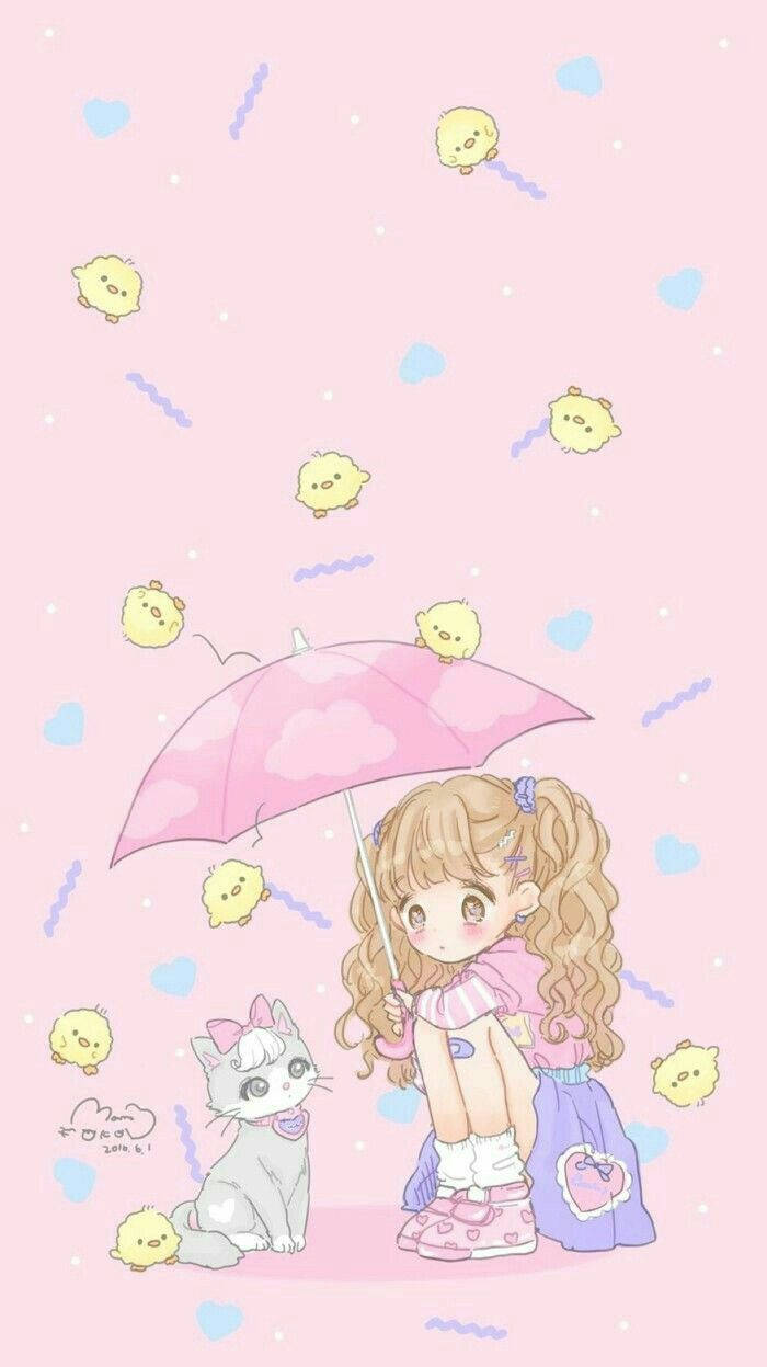 Chica kawaii linda con su gato Fondos de pantalla