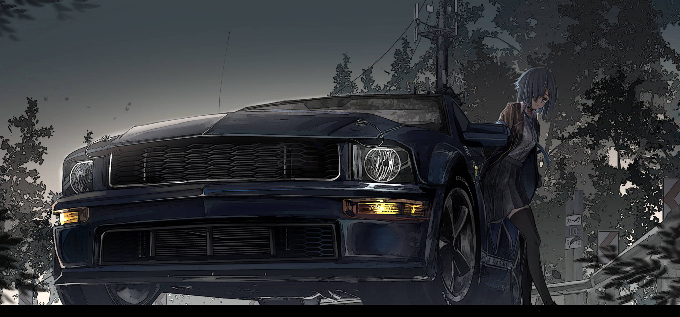 Chica recostada sobre un auto Mustang anime Fondos de pantalla