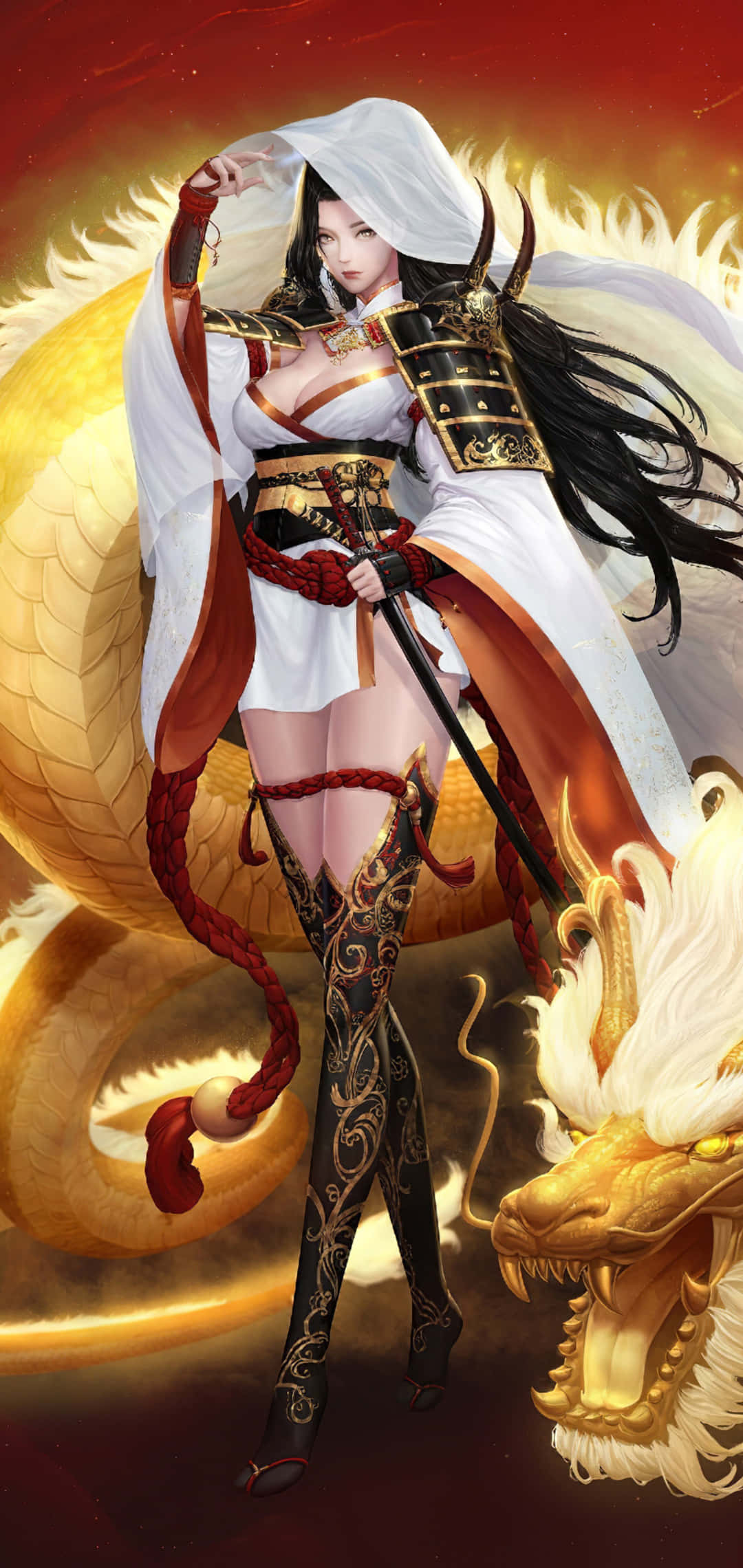 Chica Samurai Anime de Fantasía con Dragón Dorado Fondos de pantalla