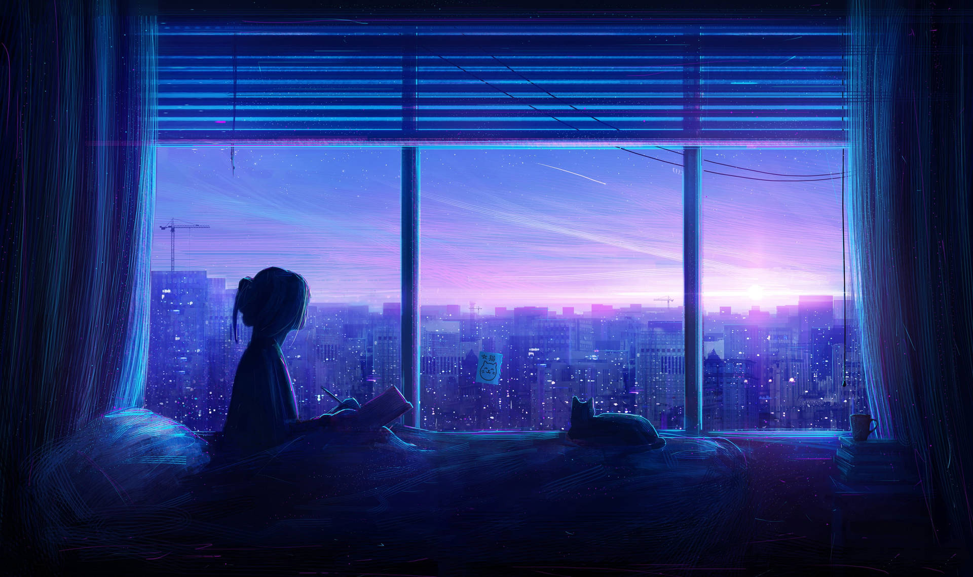 Chica silueta azul anime y gato estético
