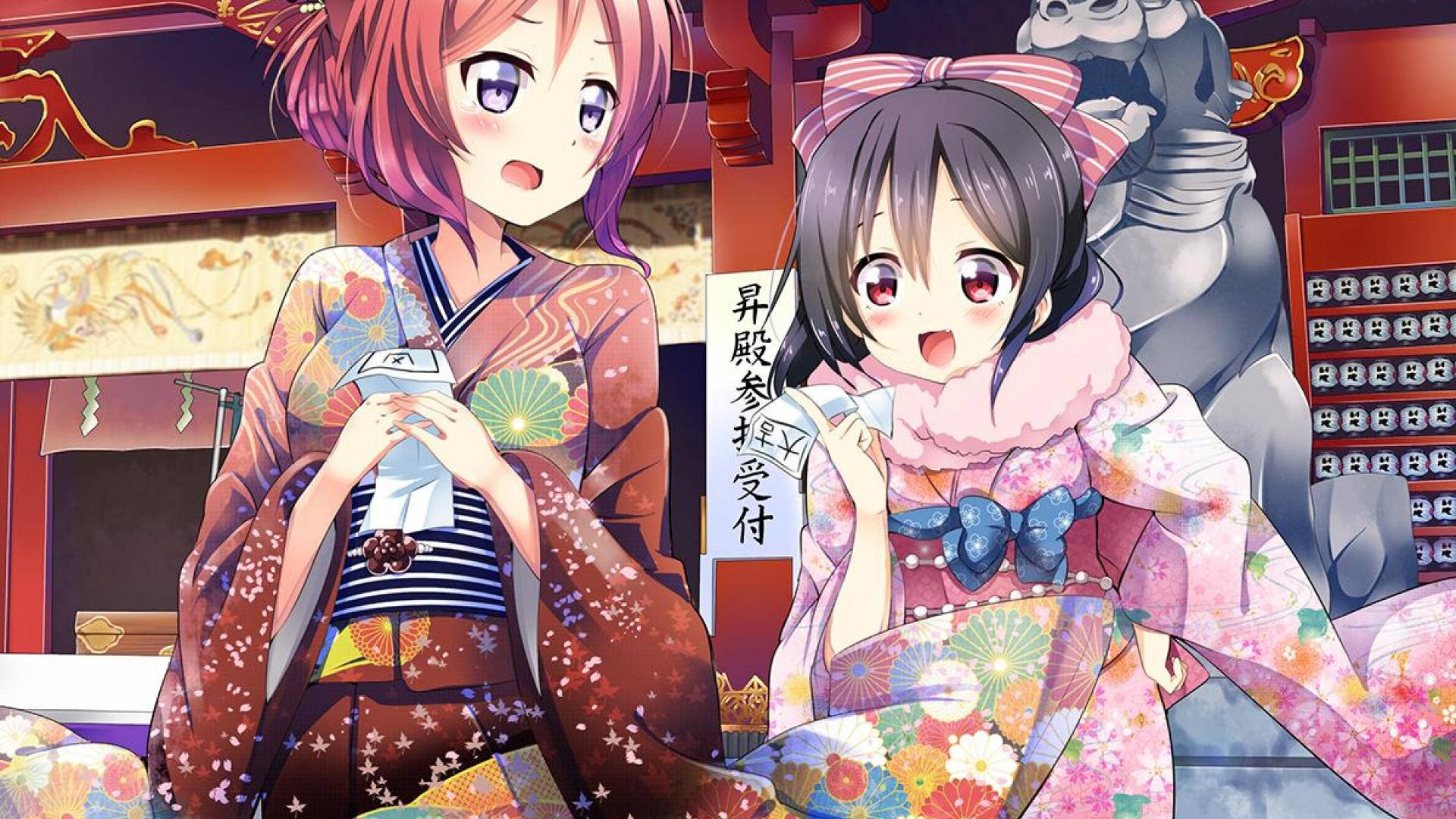 Fondo de pantalla de chicas anime en yukata