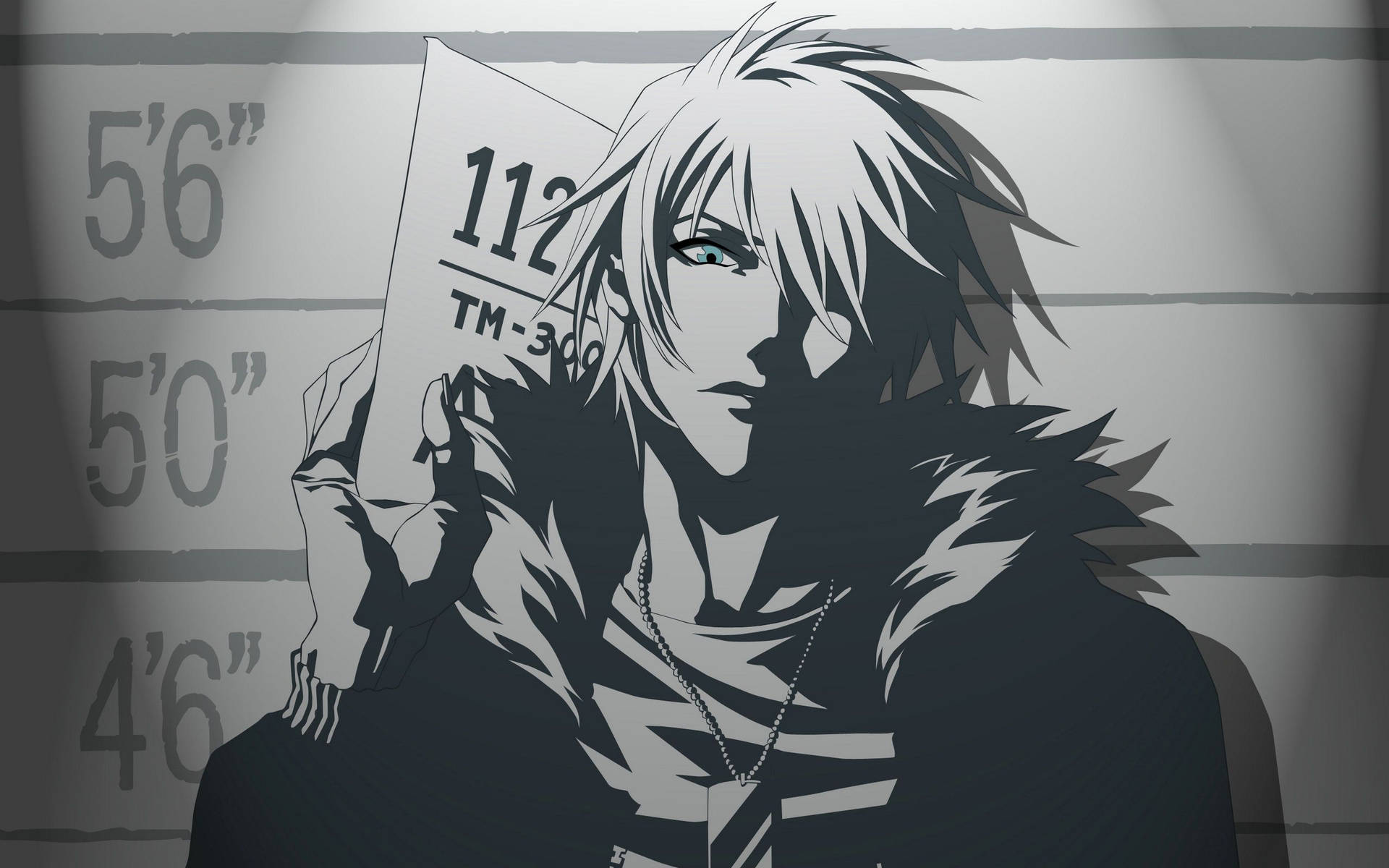 Fondo de pantalla de chico anime en blanco y negro tipo ficha policial