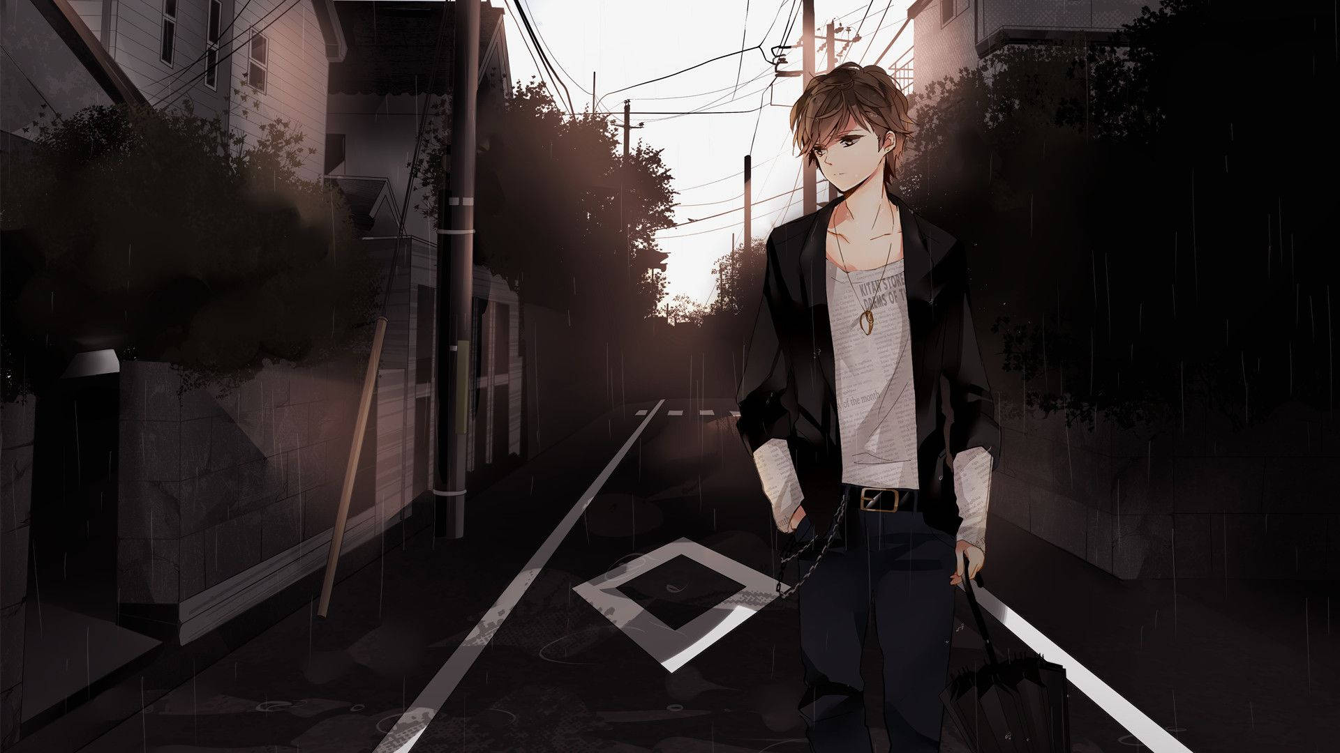 Fondo de pantalla de chico anime genial en callejón oscuro