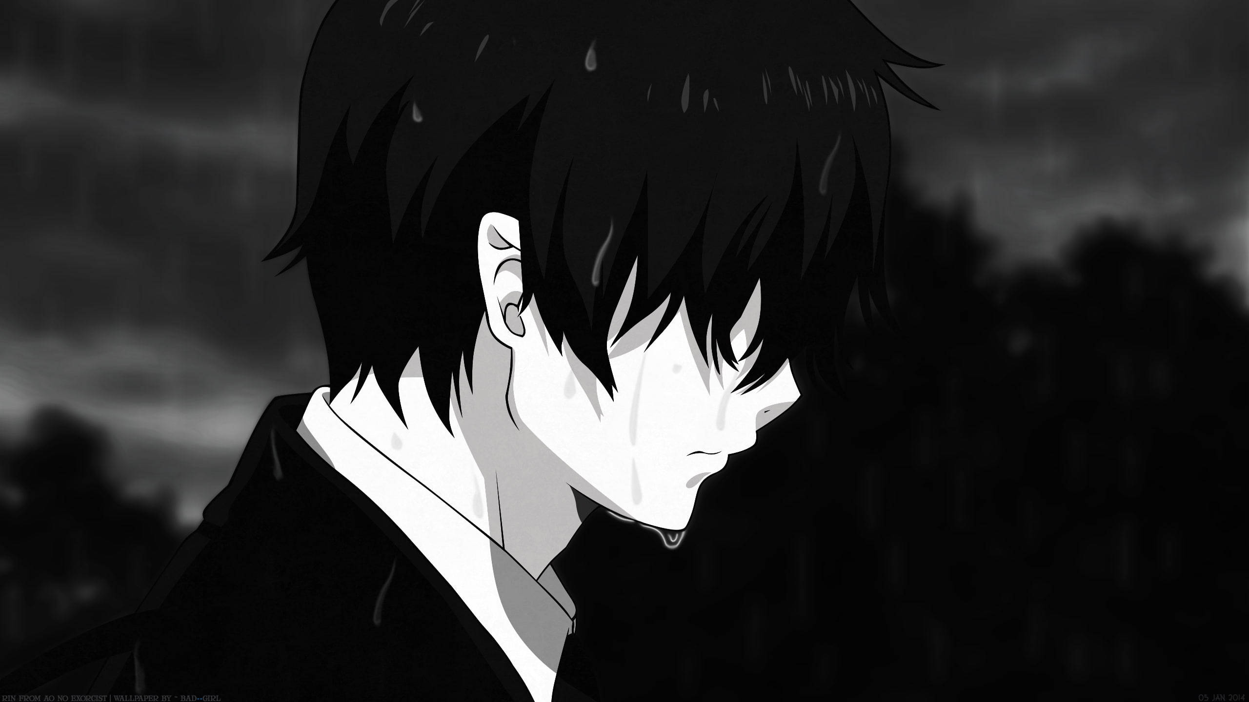 Chico anime melancólico en blanco y negro Fondos de pantalla