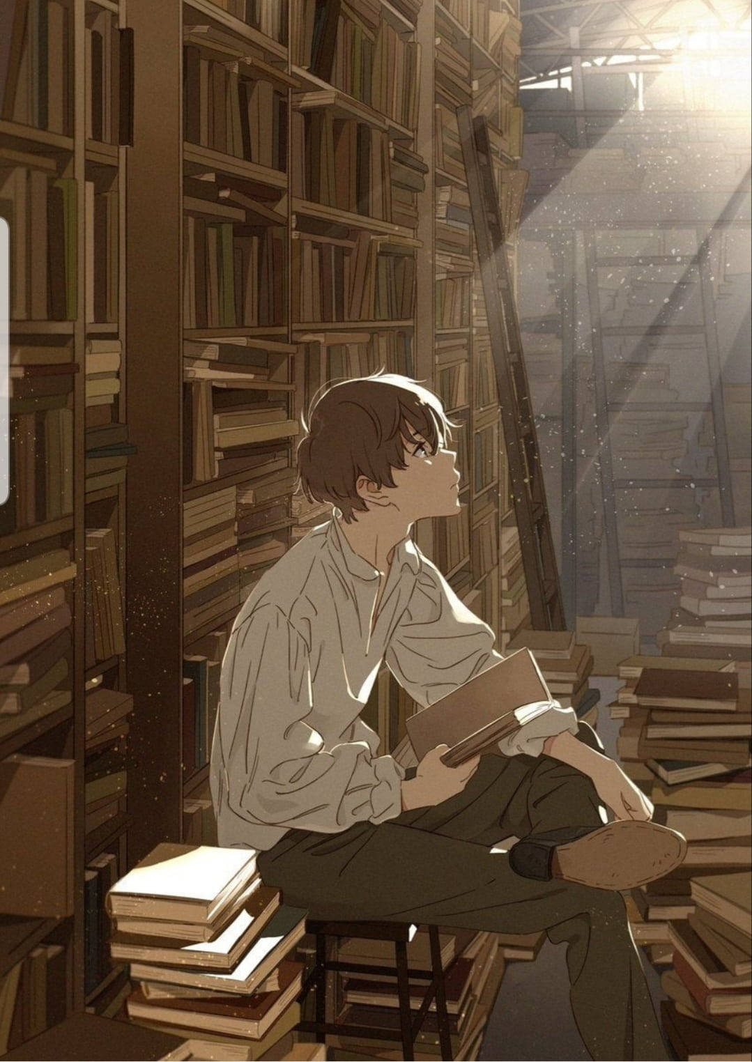 Chico anime sentado sobre un montón de libros Fondos de pantalla