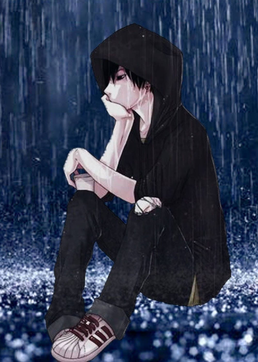 Chicos de anime tristes y solitarios con sudadera negra Fondos de pantalla