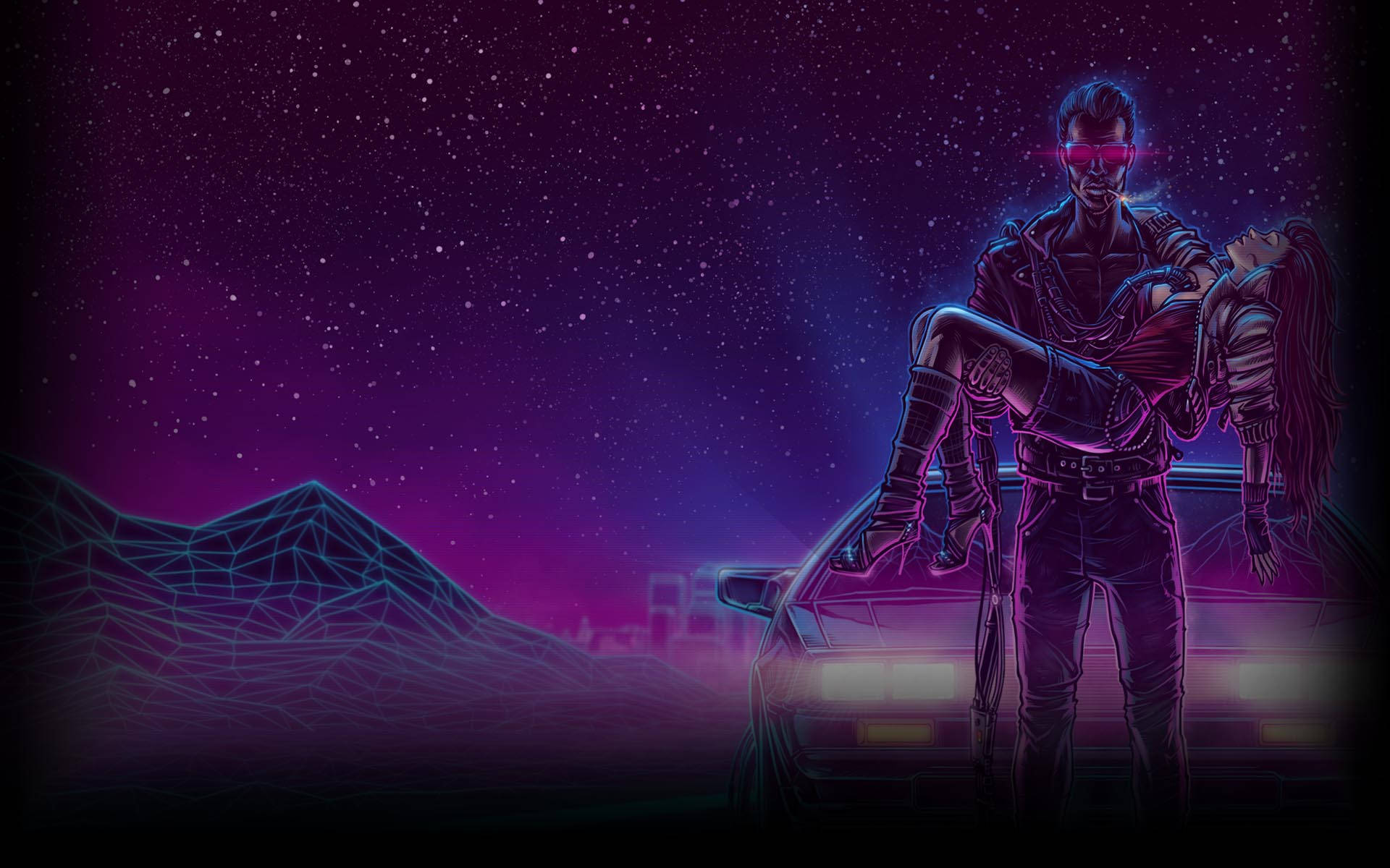 Ciberpunk Estético de Neón Púrpura con Wireframe Fondos de pantalla