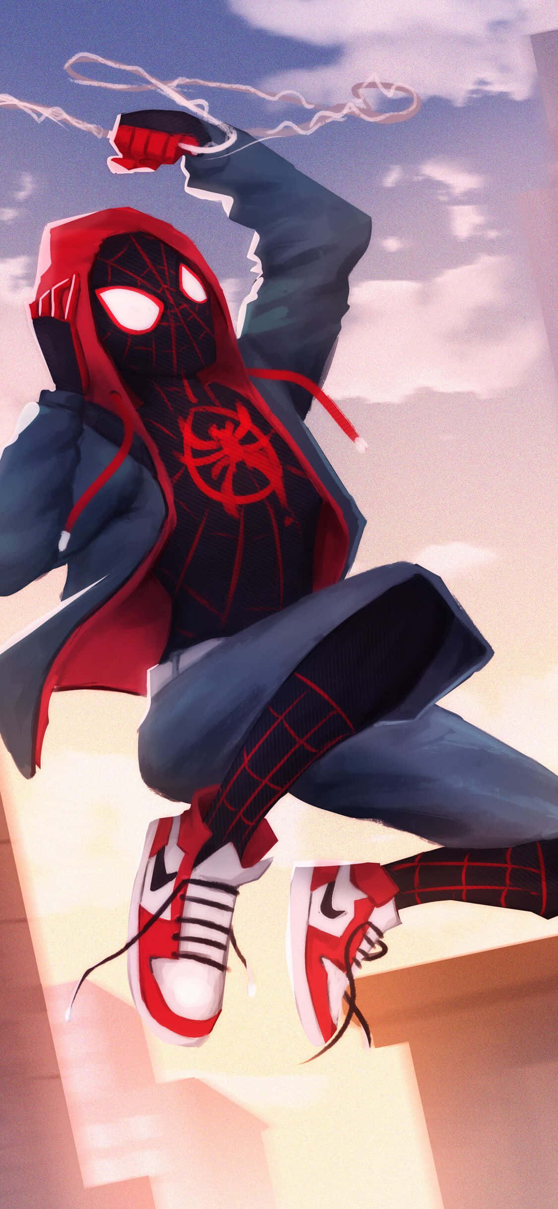 Cielo al atardecer con el personaje ficticio de Marvel Miles Morales iPhone Fondos de pantalla