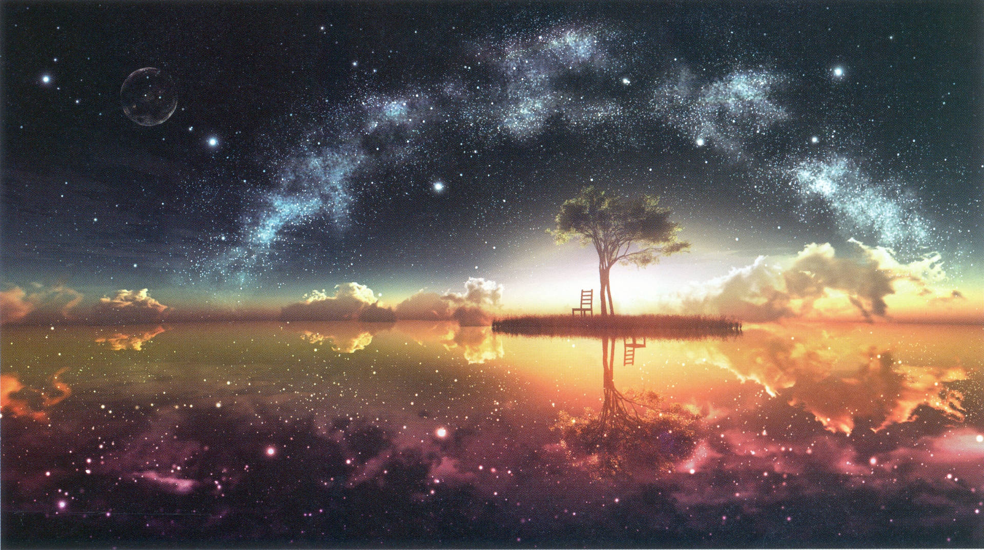 Fondo de pantalla anime 4k de cielo fantástico y árbol