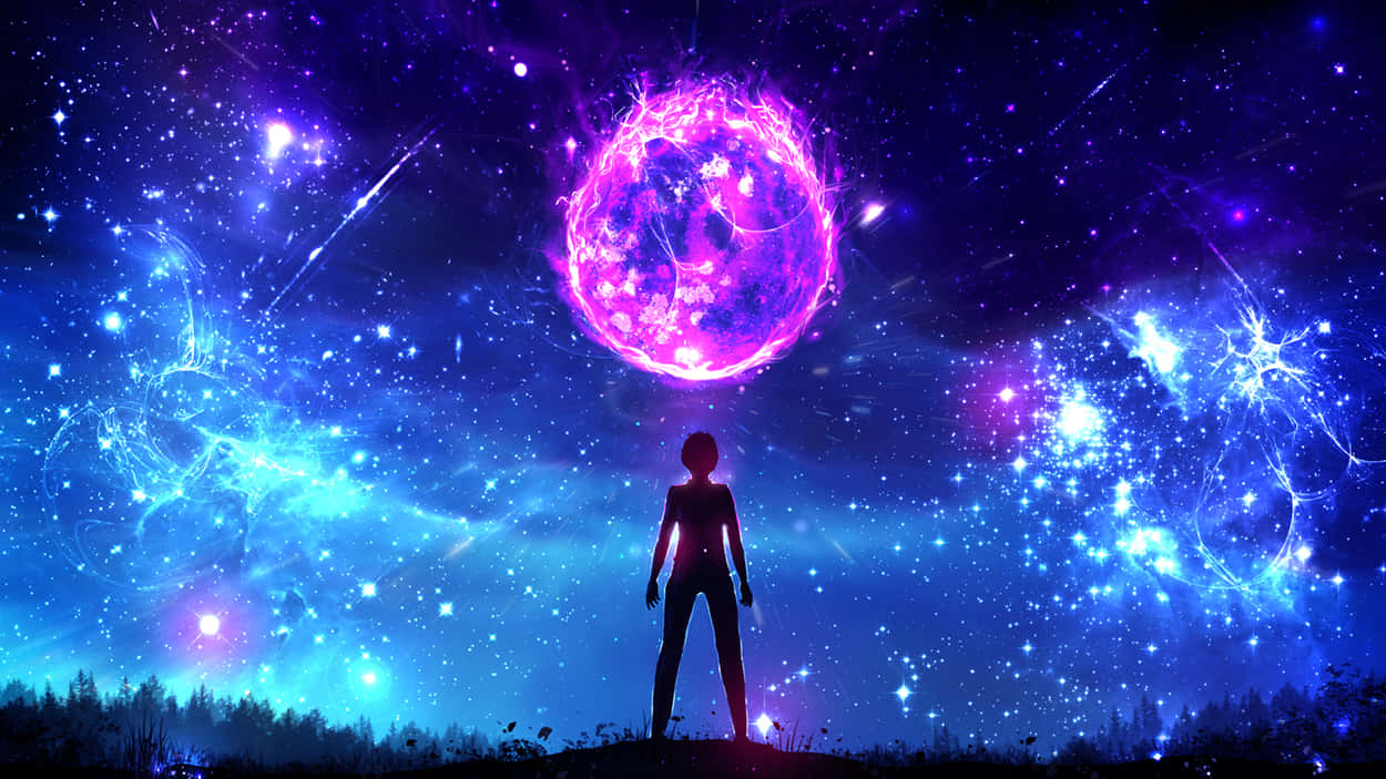 Cielo nocturno mágico con formas brillantes y silueta de mujer Fondos de pantalla