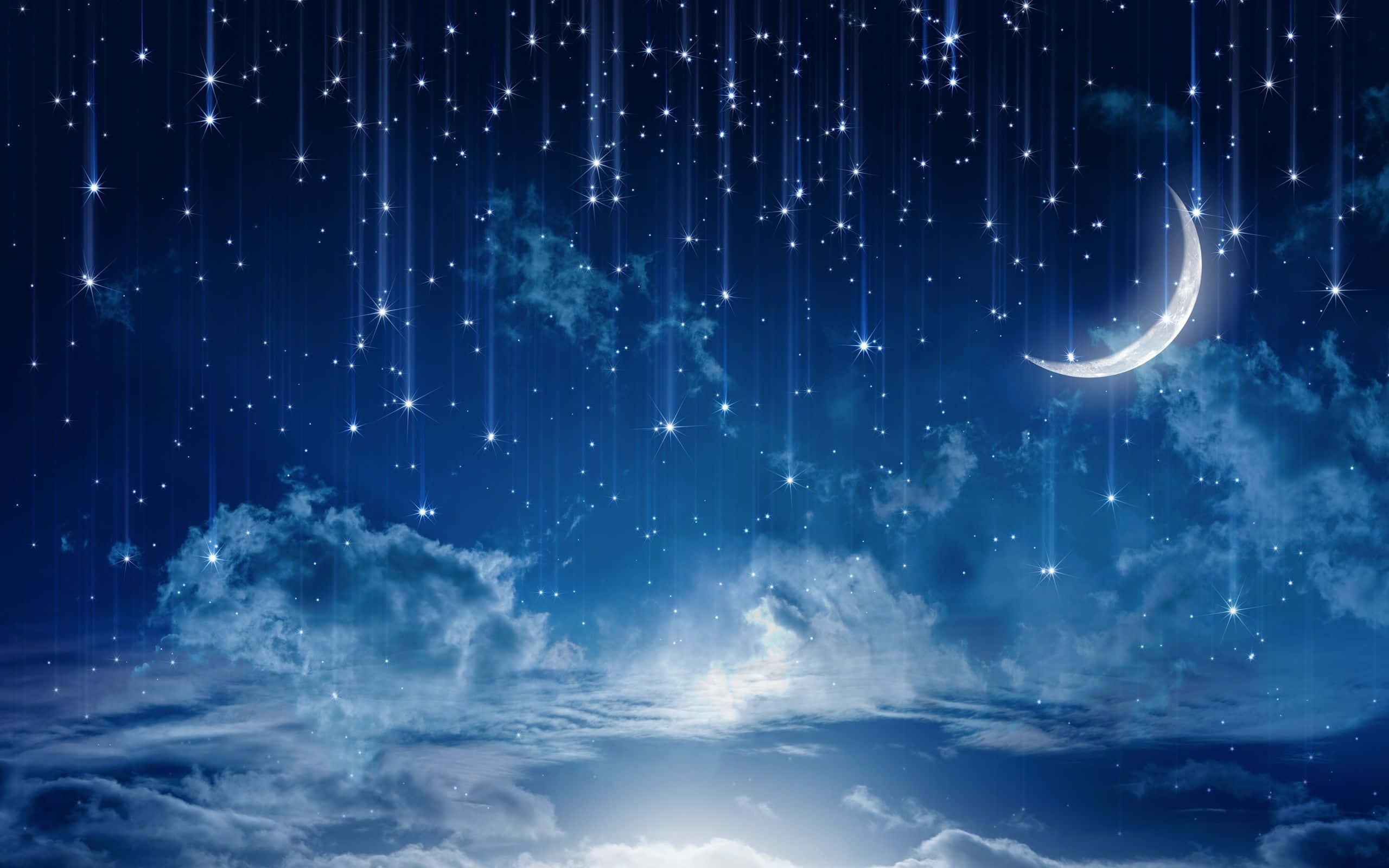 Cielo nocturno mágico con luna creciente y muchas estrellas fugaces Fondos de pantalla