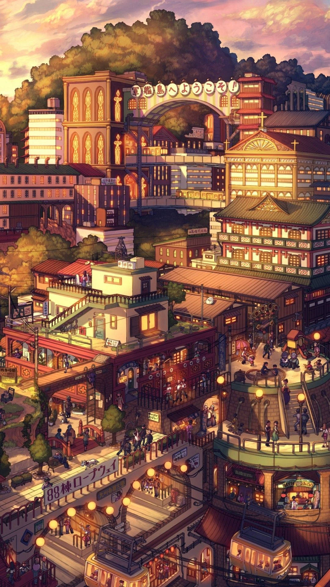 Ciudad al atardecer con estética japonesa Fondos de pantalla