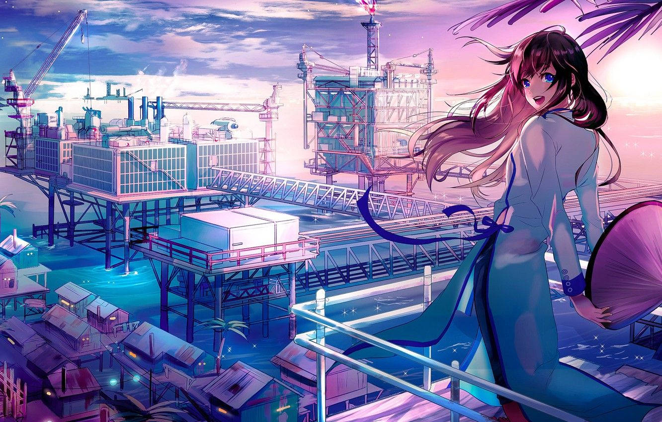 Ciudad anime japonesa con una joven Fondos de pantalla