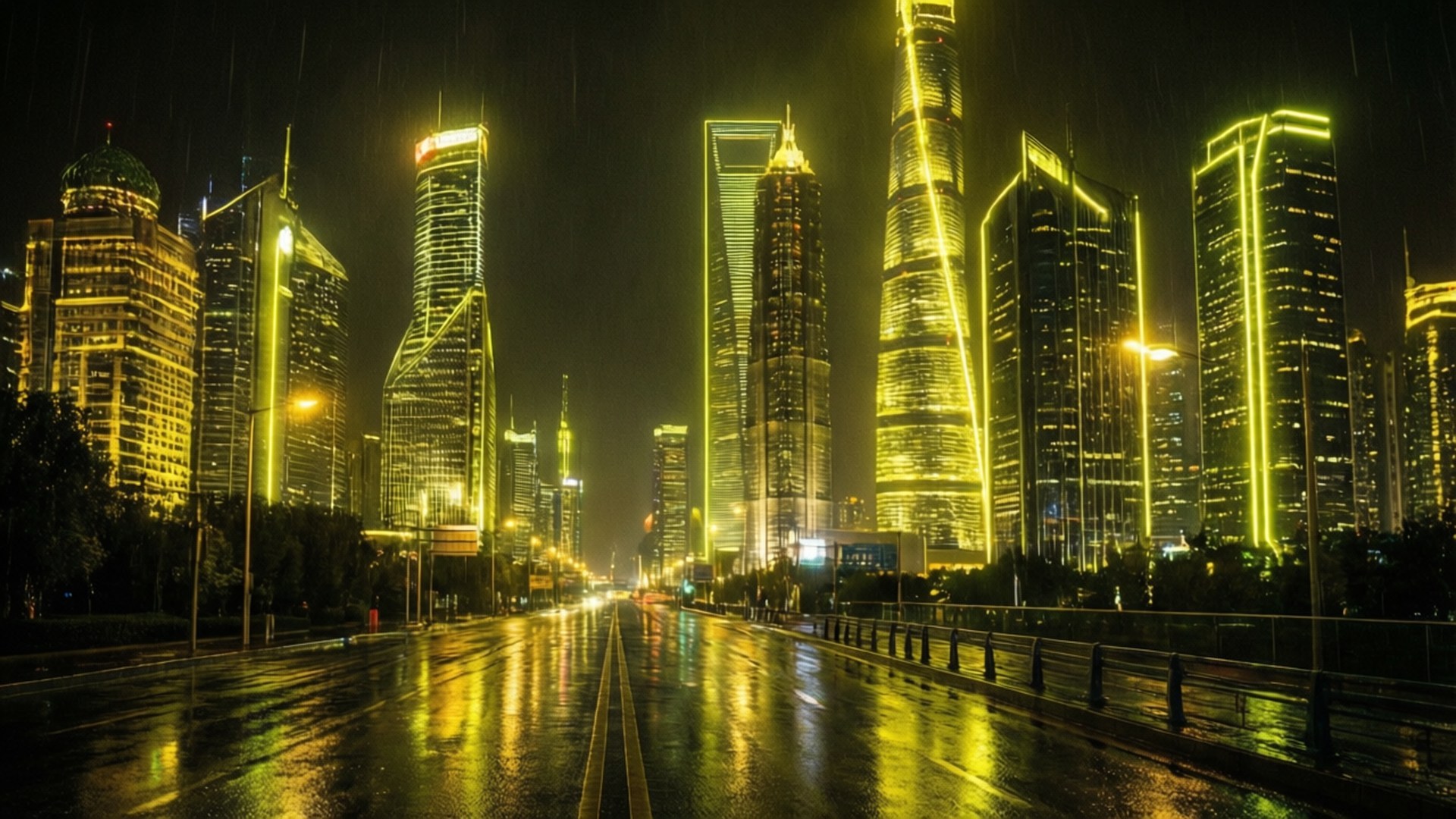 Ciudad Cyberpunk Amarillo Neón Fondos de pantalla