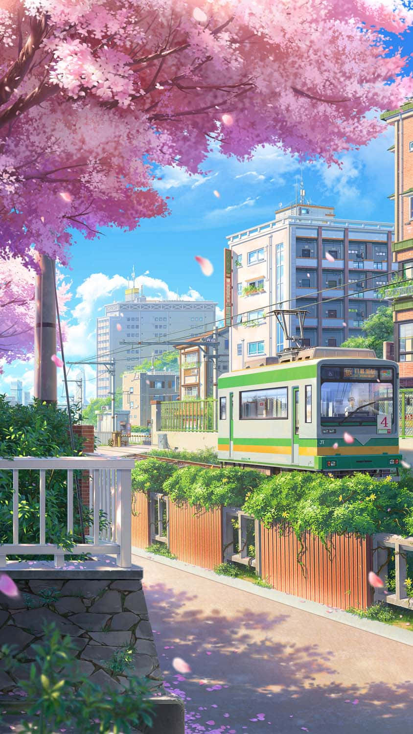 Ciudad de Tokio al Estilo Anime con Árbol de Cerezo en Flor Fondos de pantalla
