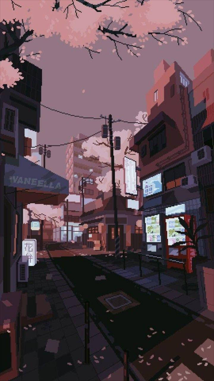 Ciudad estética pixelada en tonos rosa y marrón Fondos de pantalla