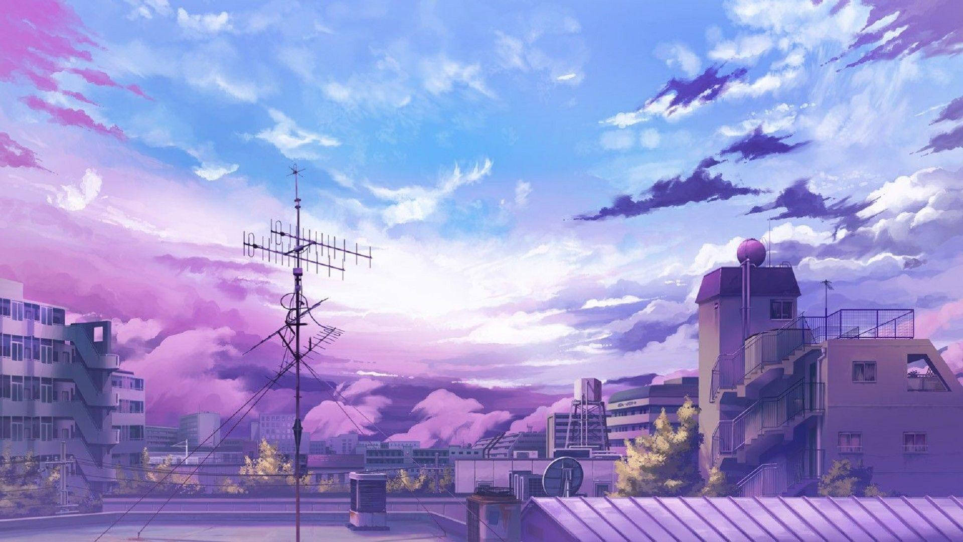Ciudad estética bajo cielo púrpura y azul Fondos de pantalla