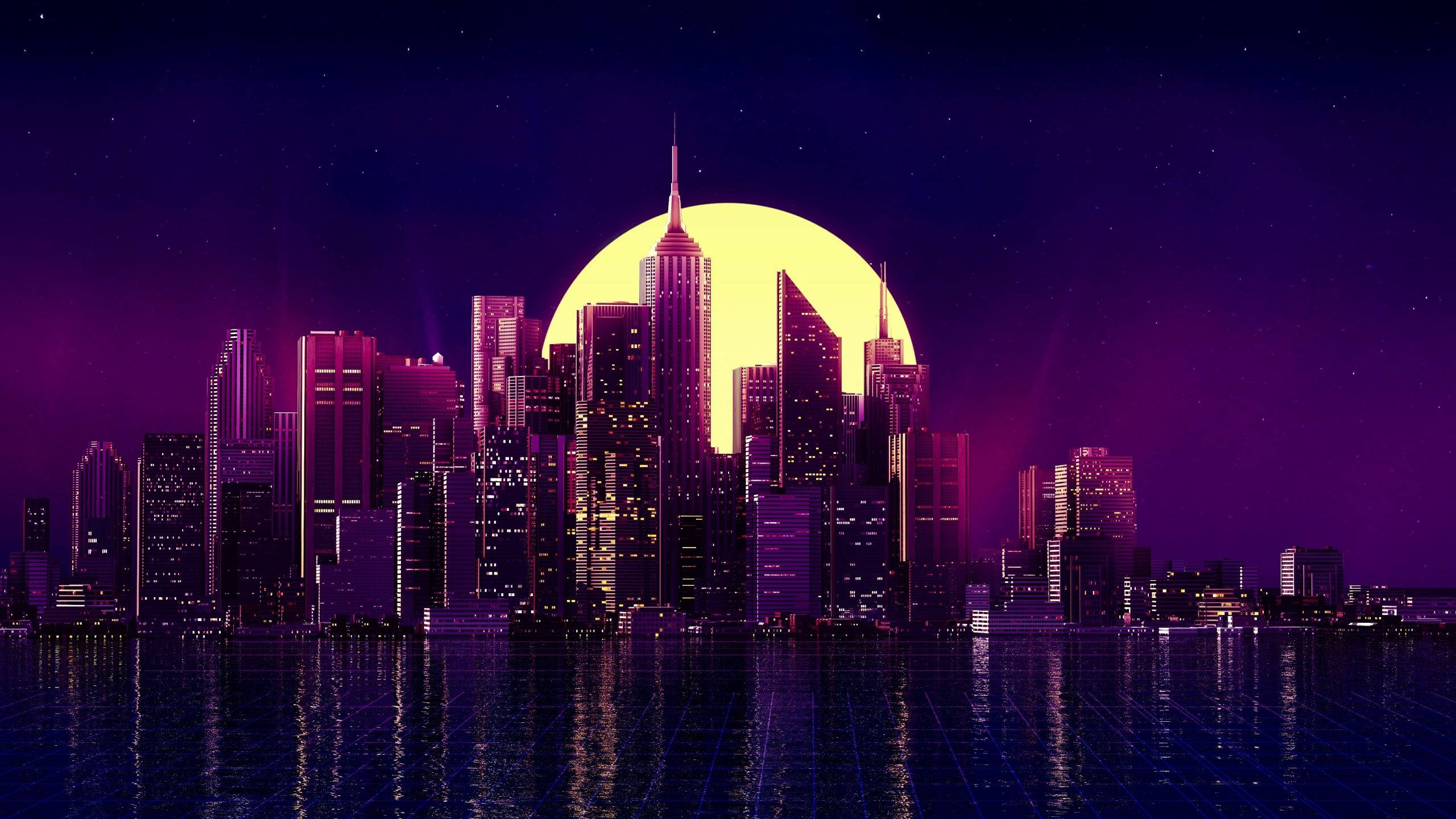 Ciudad estética púrpura con luna en HD 1440p Fondos de pantalla