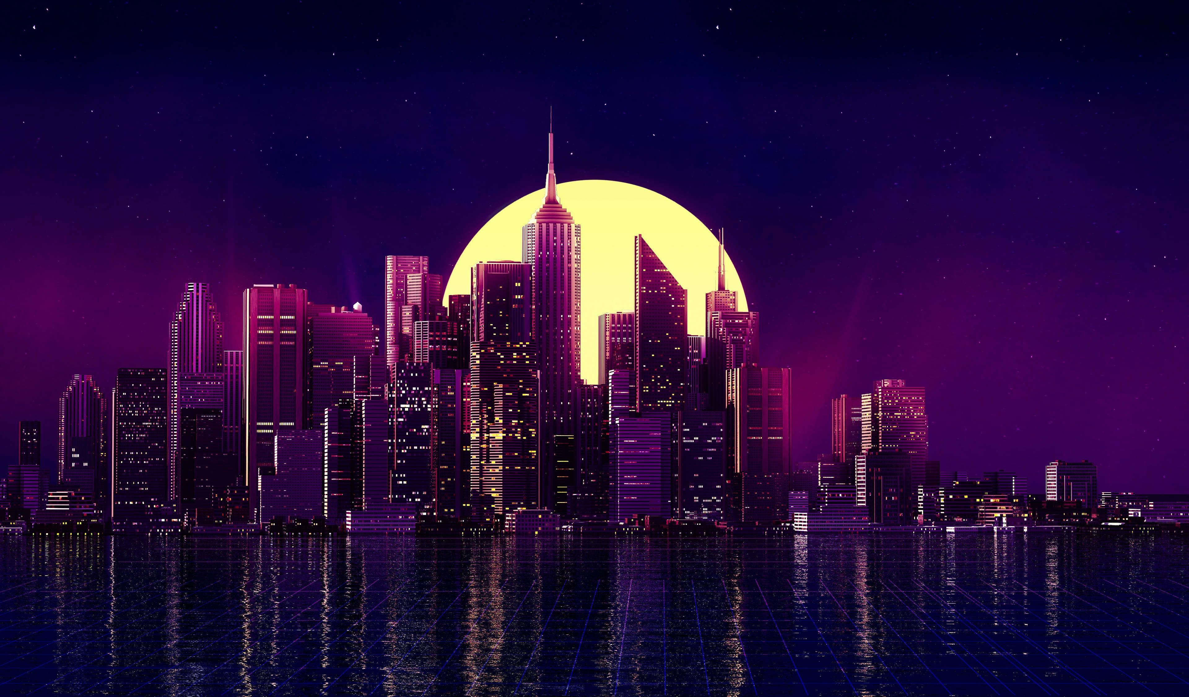 Ciudad nocturna estética con luna neón morada Fondos de pantalla