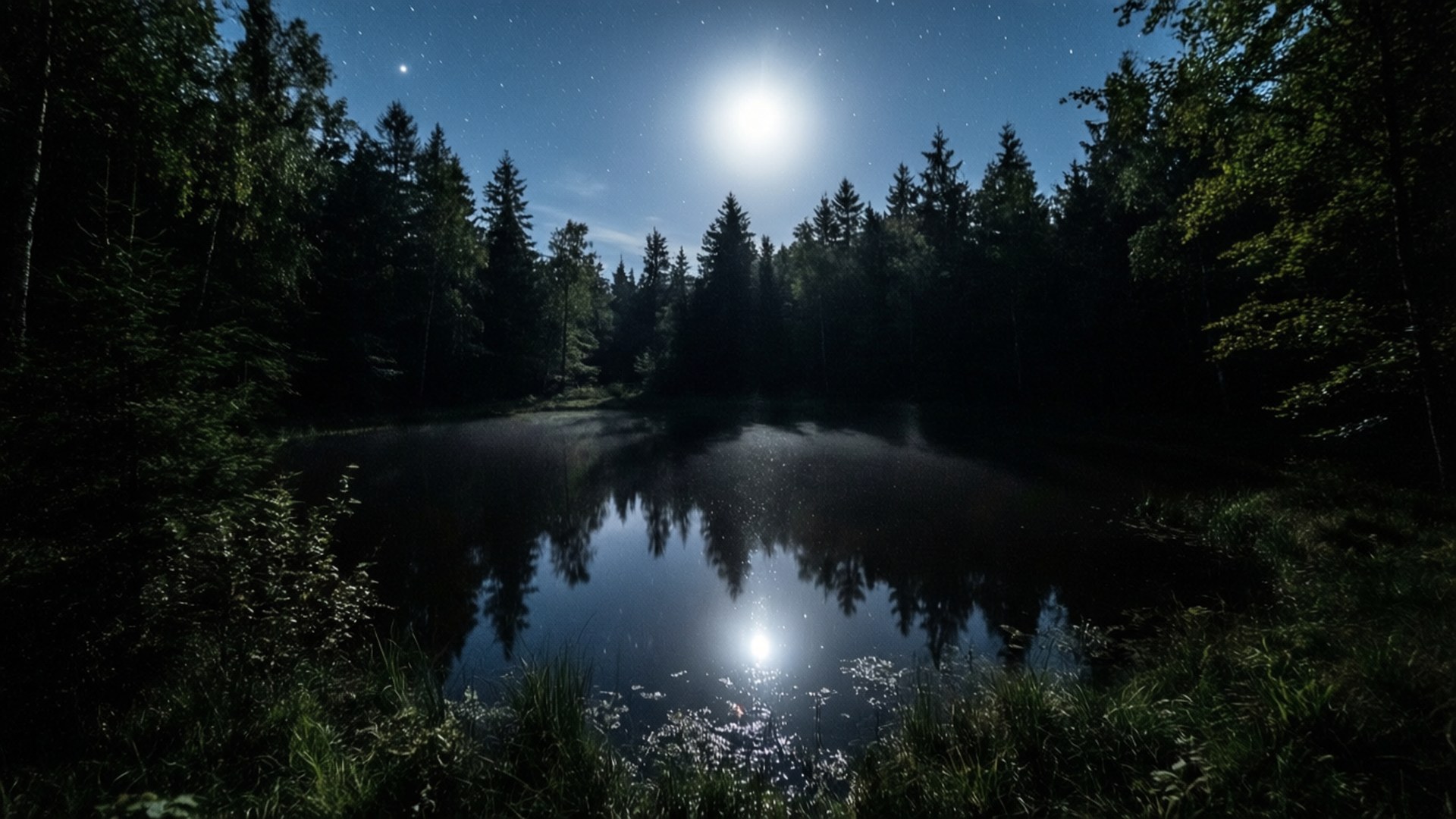 Claro de estanque iluminado por la luna Fondos de pantalla
