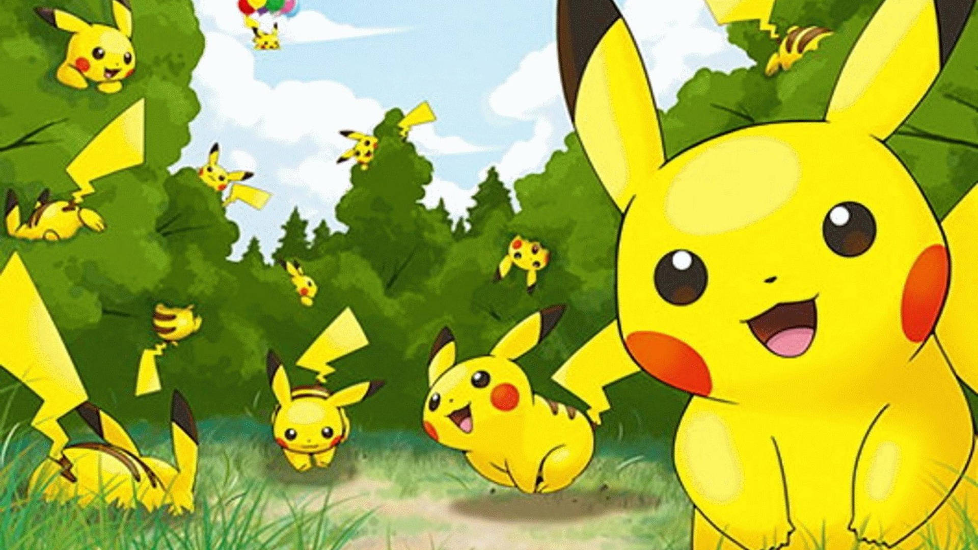 Fondo de pantalla de clones de Pikachu jugando entre los arbustos.