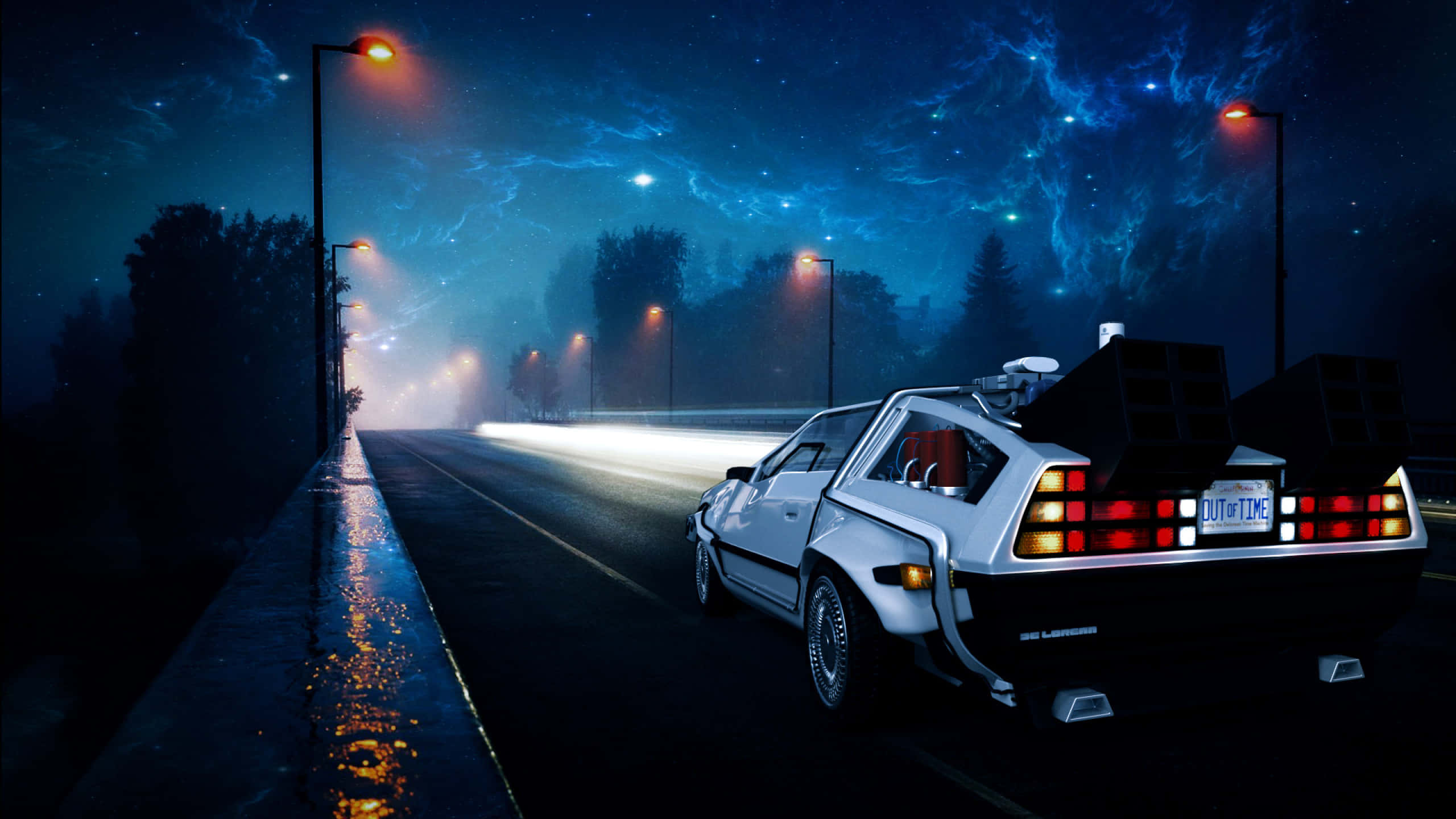 coche de Volver al Futuro conduciendo por la carretera Fondos de pantalla