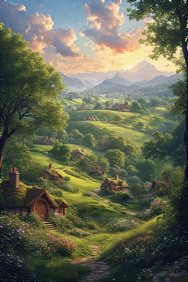Colinas de Hobbiton y Casas Hobbit Fantasía 4K Fondos de pantalla