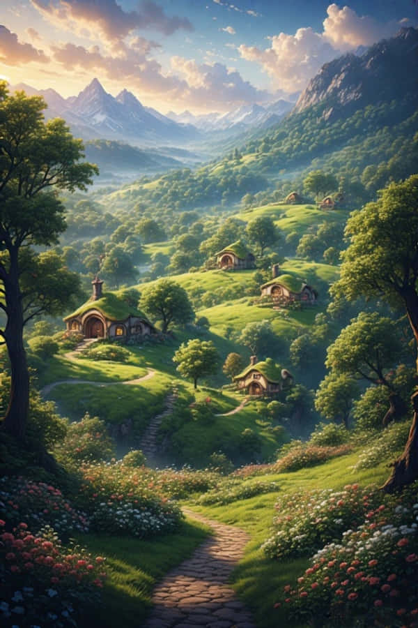 Colinas de Hobbiton y Casas Hobbit Fantasía 4K Fondos de pantalla