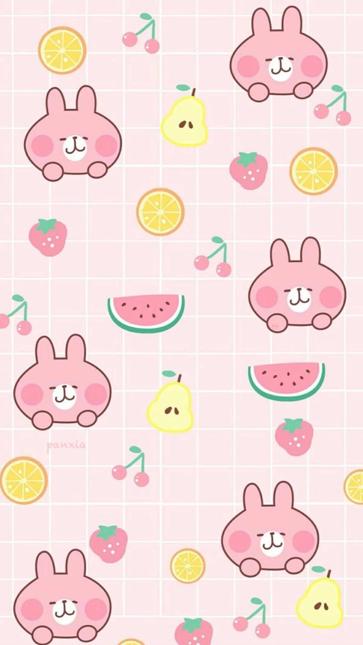 Collage de Conejito Rosa Kawaii y Frutas Fondos de pantalla