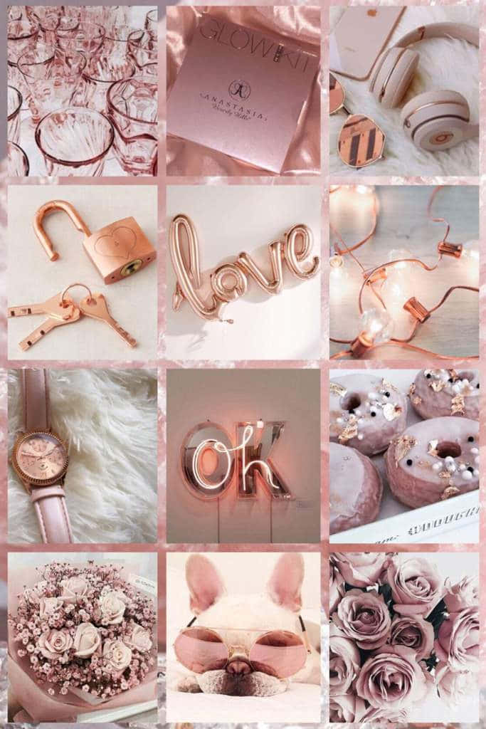 Collage de fotos con rosa dorado y rosa Fondos de pantalla