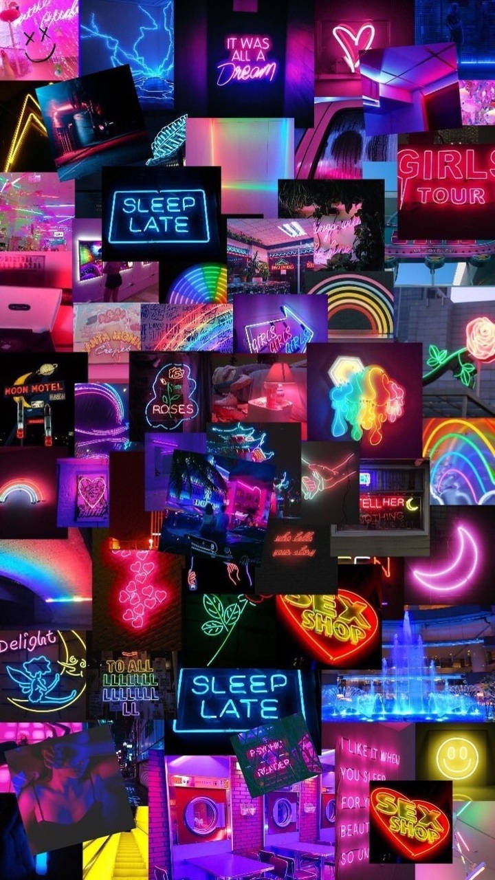 Collage de letreros de neón con estética psicodélica Fondos de pantalla