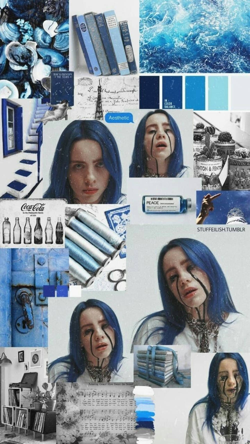 Collage estético azul y blanco de Billie Eilish Fondos de pantalla