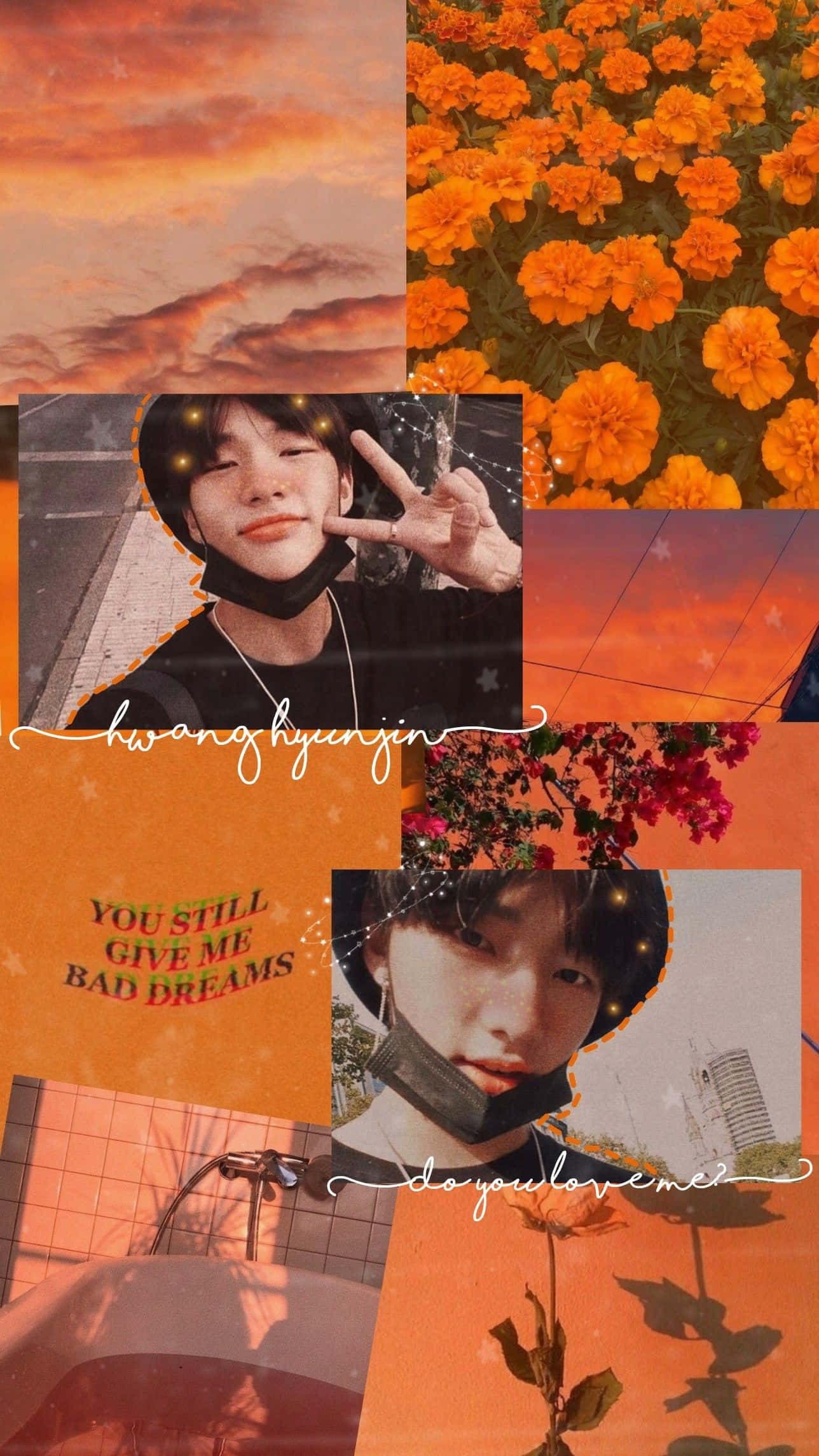 Collage estético naranja del cantante surcoreano Hyunjin Fondos de pantalla
