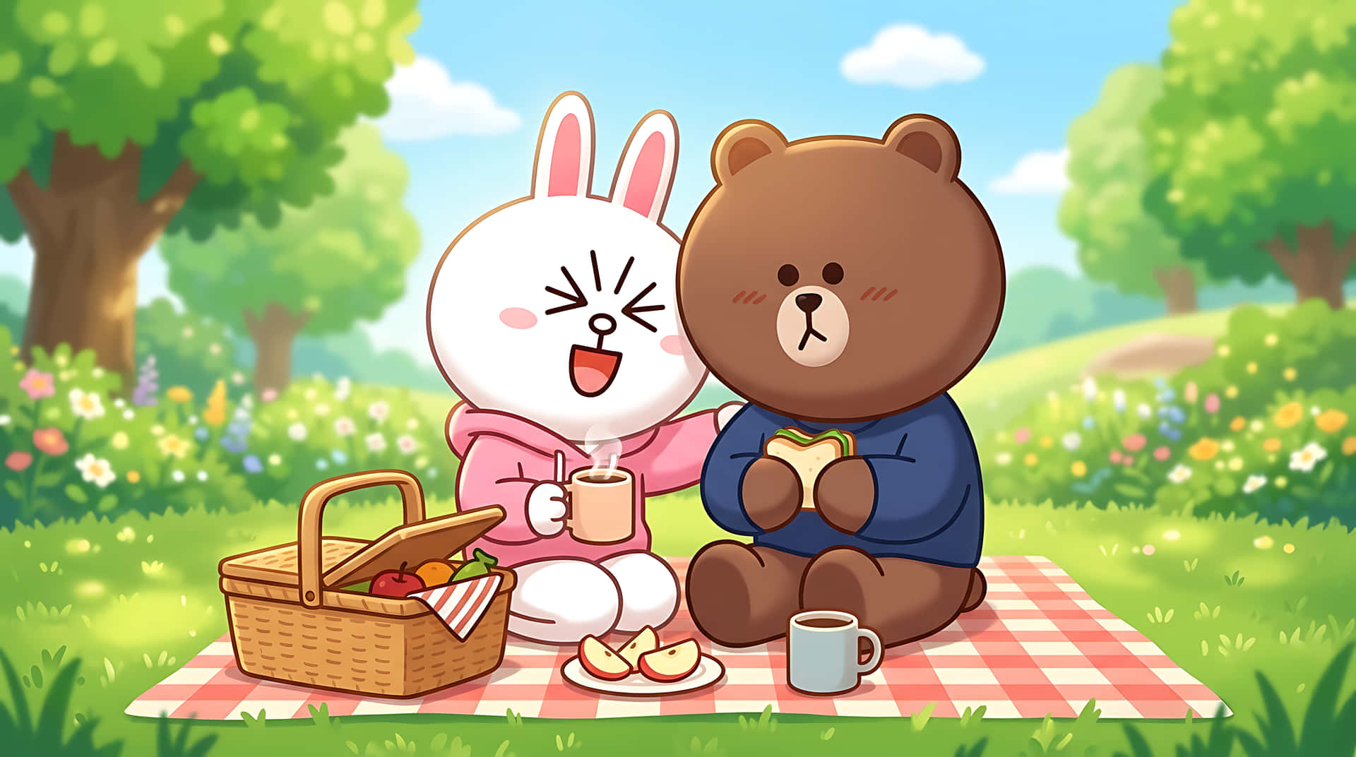 Conejito y Osito Lindos Haciendo un Picnic en un Parque Soleado, Dulce Ilustración de Amistad Fondos de pantalla