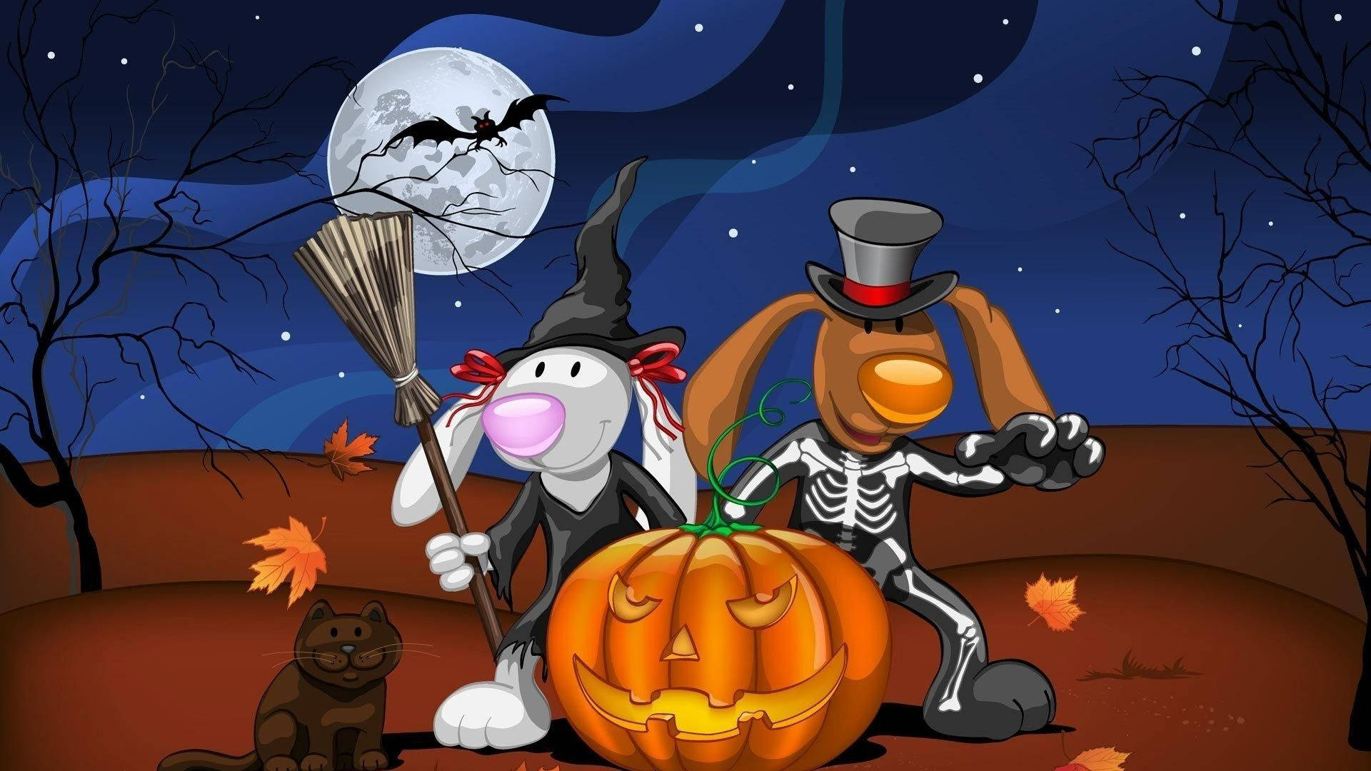 Conejitos divertidos de caricatura en Halloween Fondos de pantalla