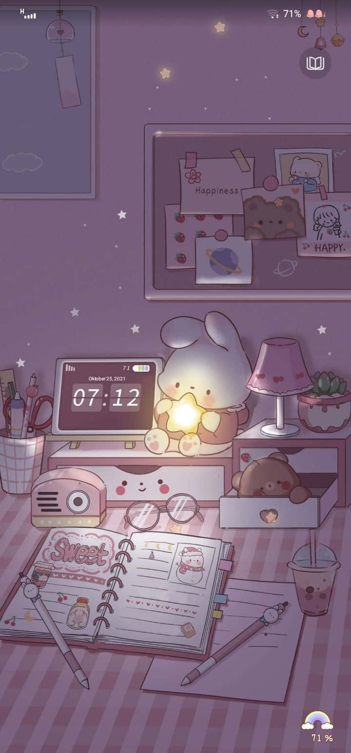 Conejo Kawaii Lindo en un Escritorio de Estudio Púrpura Fondos de pantalla
