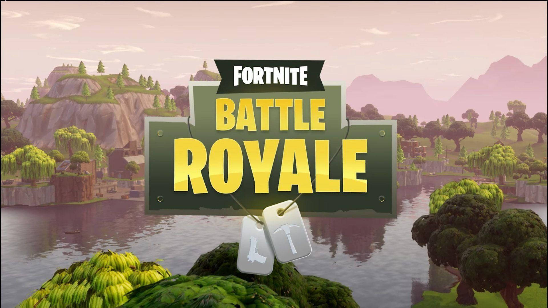 Pantalla de juego de Fortnite Battle Royale con lago y árboles HD wallpaper.