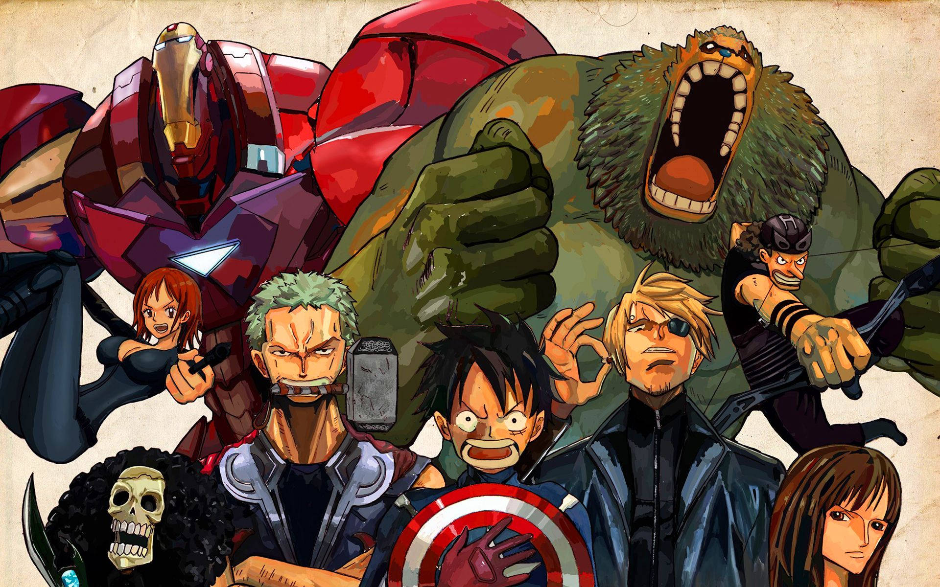 Fondo de pantalla del cruce de la tripulación pirata de One Piece con los superhéroes de Marvel.
