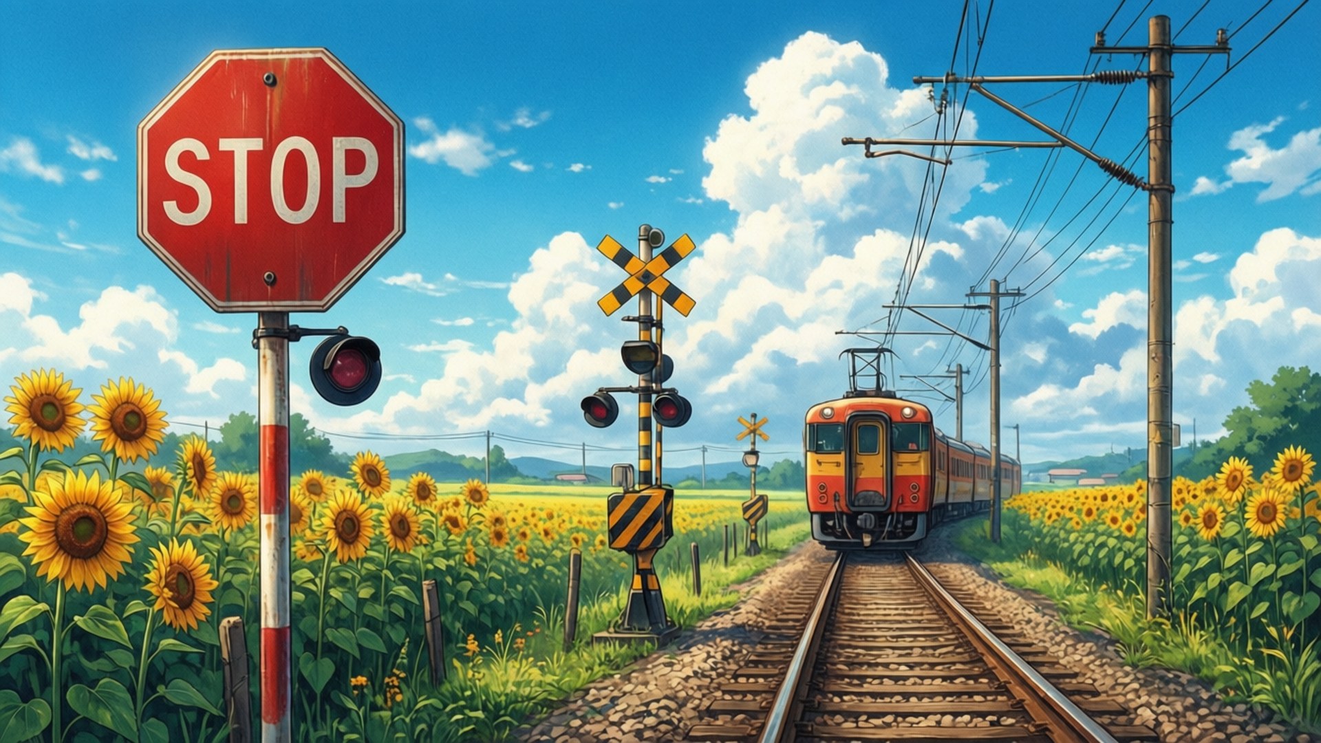 Cruce Ferroviario Girasoles Fondos de pantalla