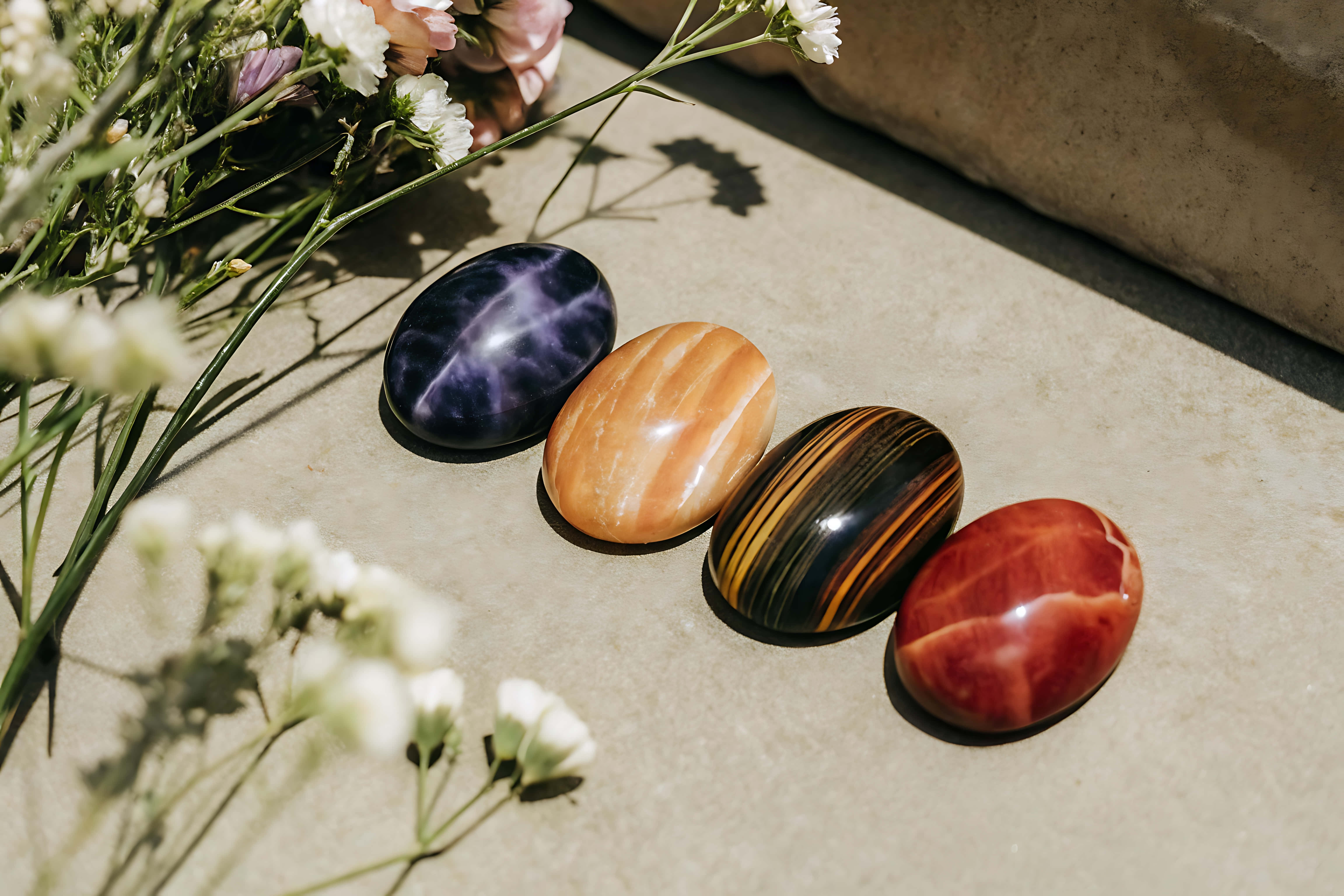 Cuatro piedras pulidas con flores sobre superficie gris Fondos de pantalla
