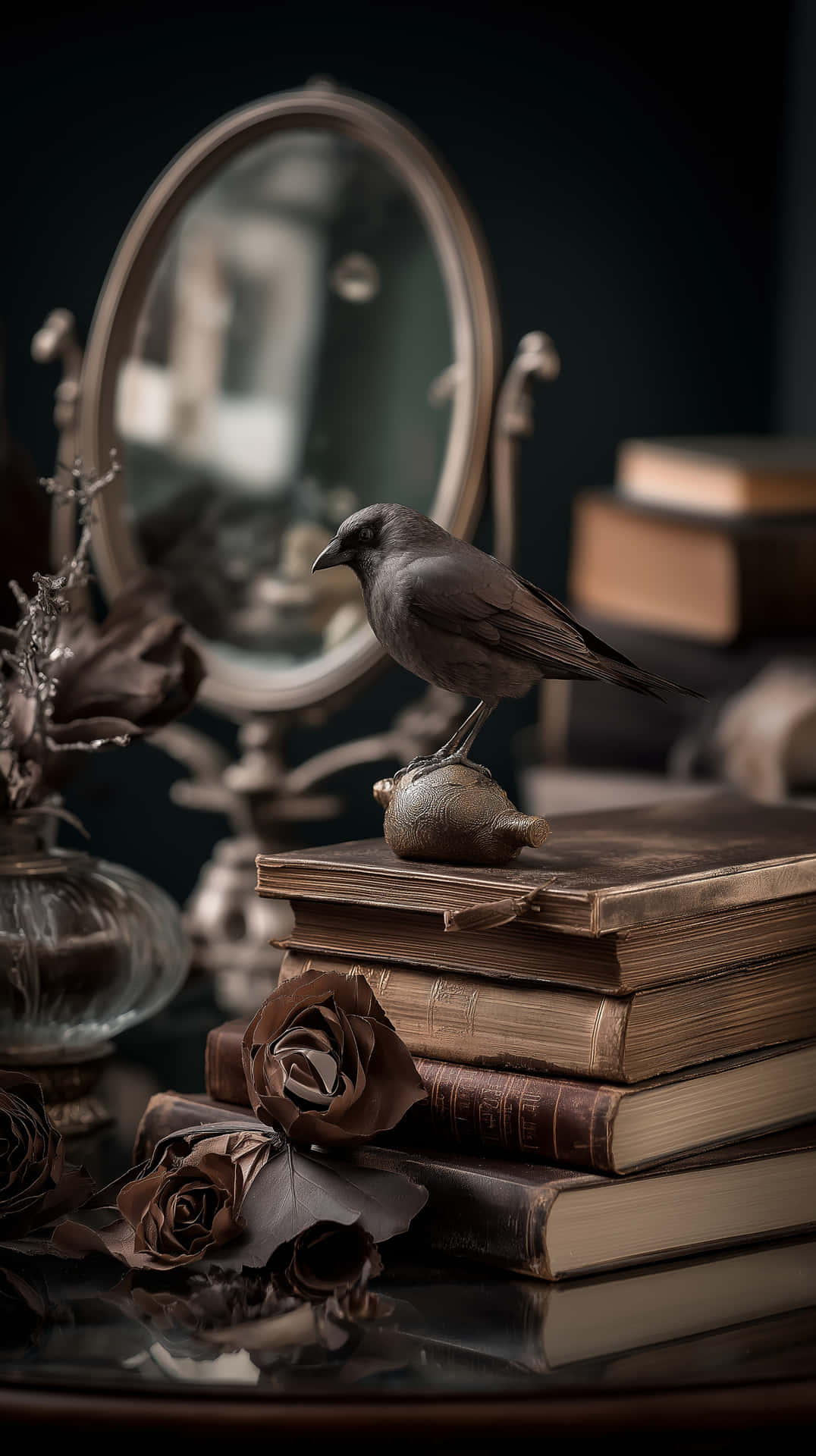 cuervo,gótico,libros,vintage,adornos,místico,academia oscura, fantasía,pájaro,estudio,encantador,melancólico,naturaleza muerta,antiguo,conocimiento