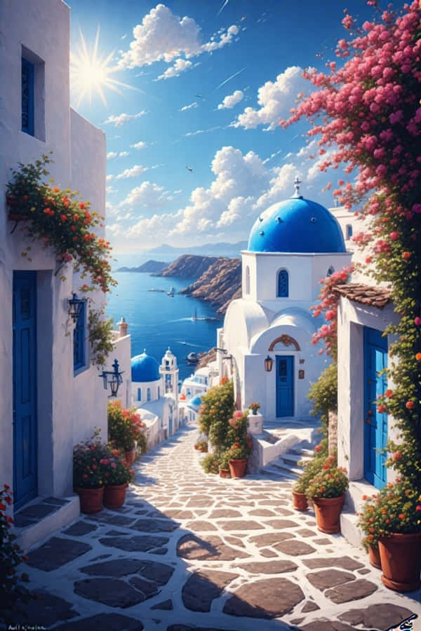 Cúpulas azules y casas blancas de Santorini Grecia 4K Fondos de pantalla
