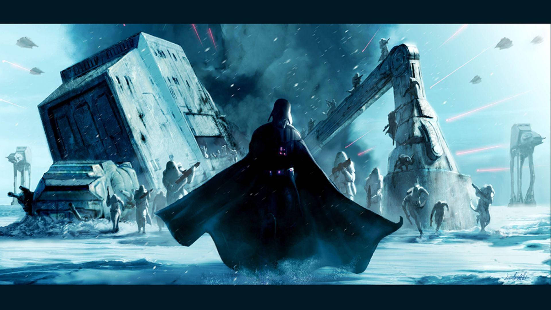 Fondo de pantalla de Star Wars de Darth Vader parado en un planeta ciudad en ruinas