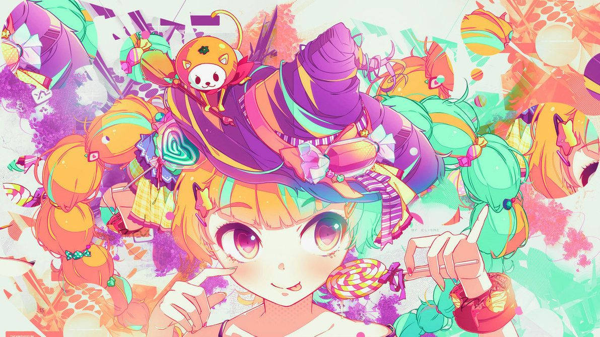Fondo de pantalla de dulces kawaii de bruja con golosinas.